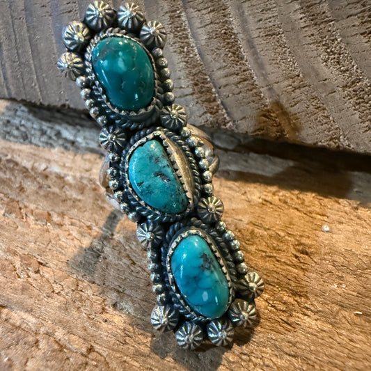 Pilot Mountain Turquoise Gemstone Sterling Silver Statement Ring Size 7.5 Wild West Boho