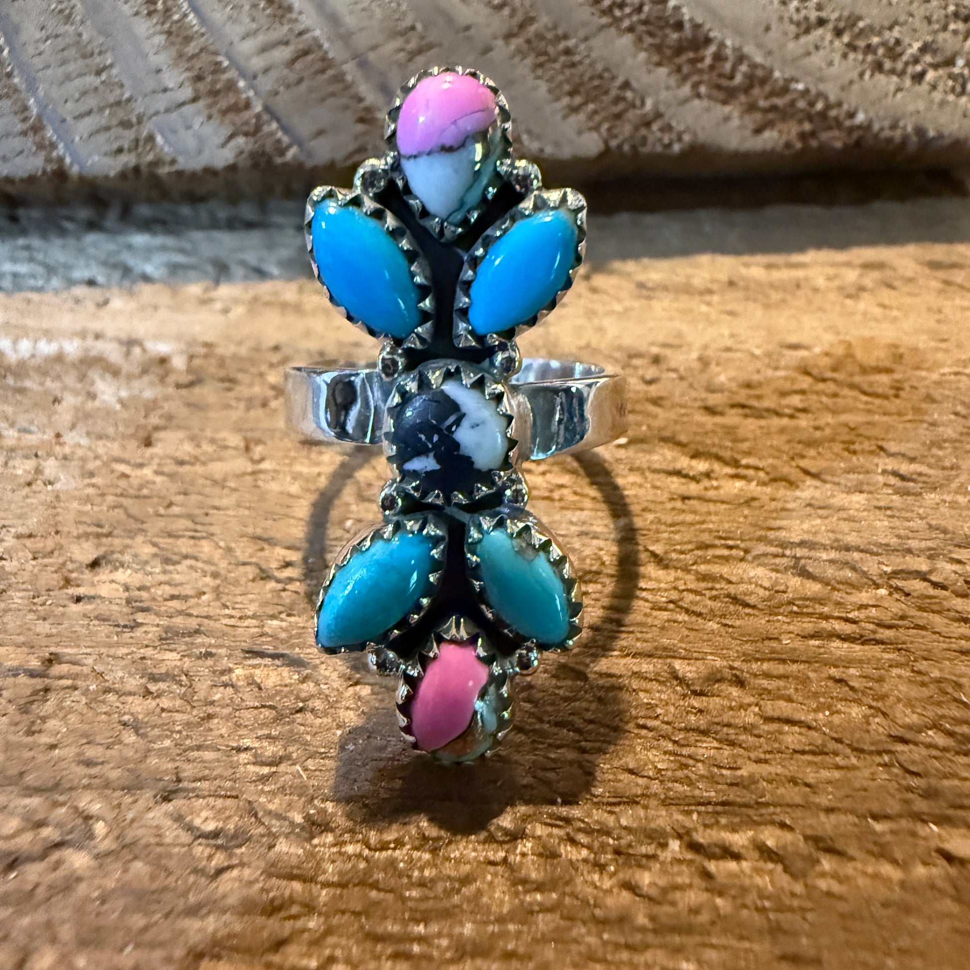 Cotton Candy Turquoise Dahlia Gemstone Statement Adjustable Sterling Silver Ring Wild West Boho