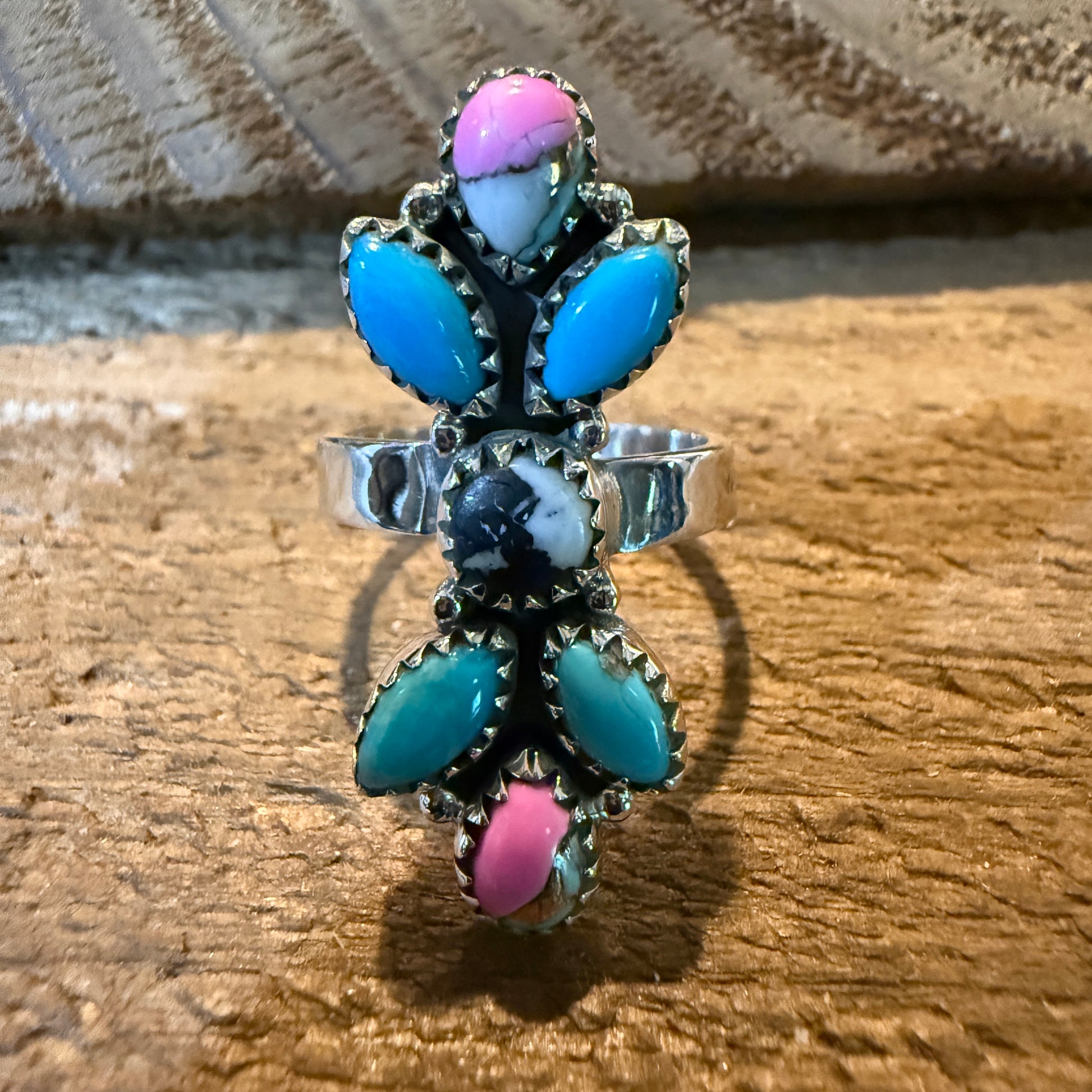 Cotton Candy Turquoise Dahlia Gemstone Statement Adjustable Sterling Silver Ring Wild West Boho