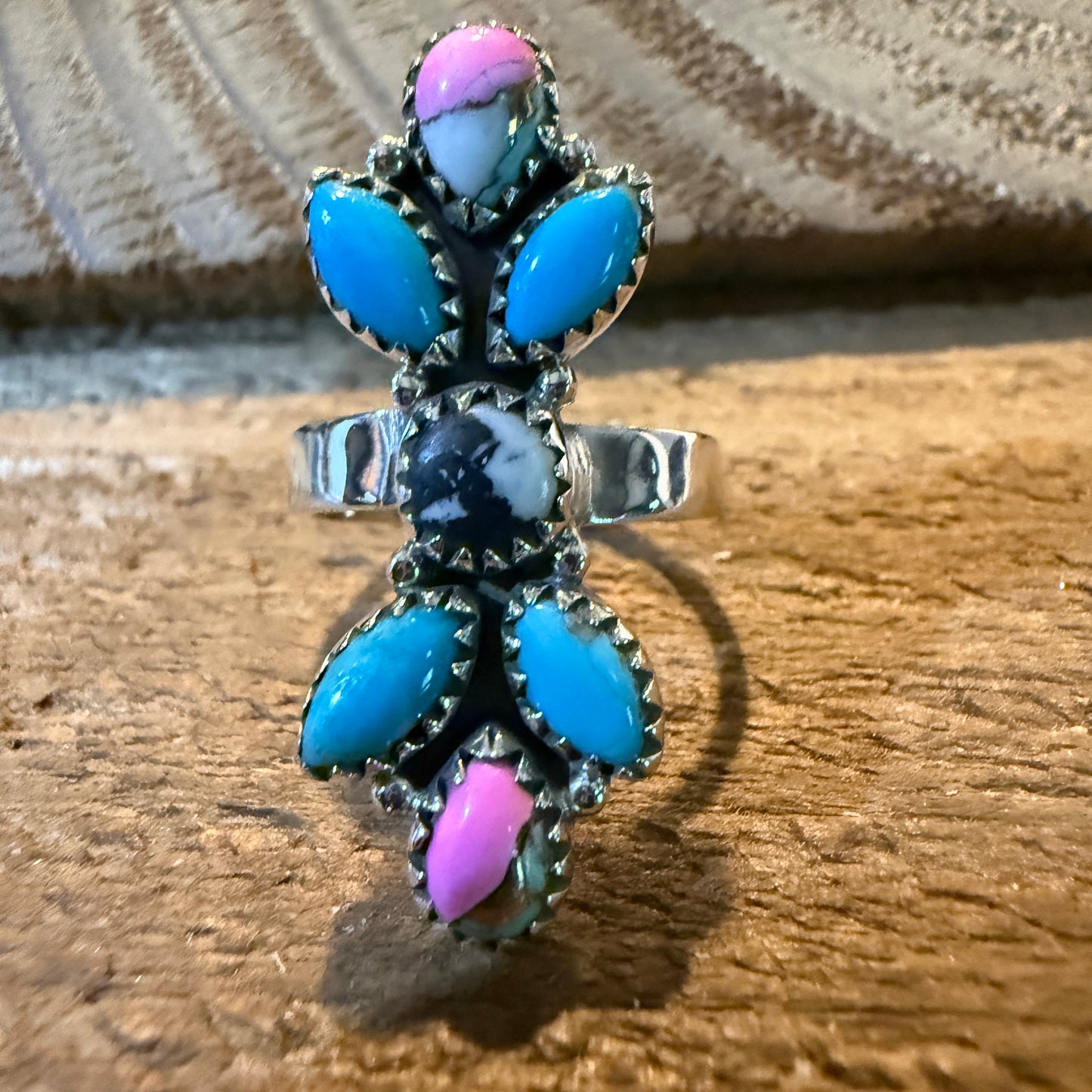 Cotton Candy Turquoise Dahlia Gemstone Statement Adjustable Sterling Silver Ring Wild West Boho