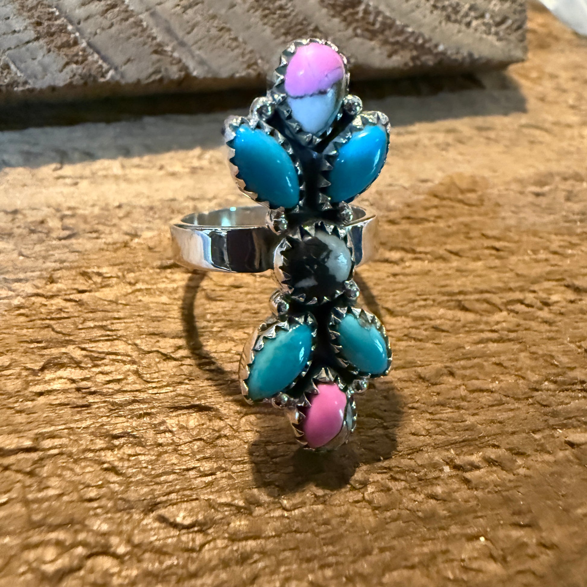 Cotton Candy Turquoise Dahlia Gemstone Statement Adjustable Sterling Silver Ring Wild West Boho