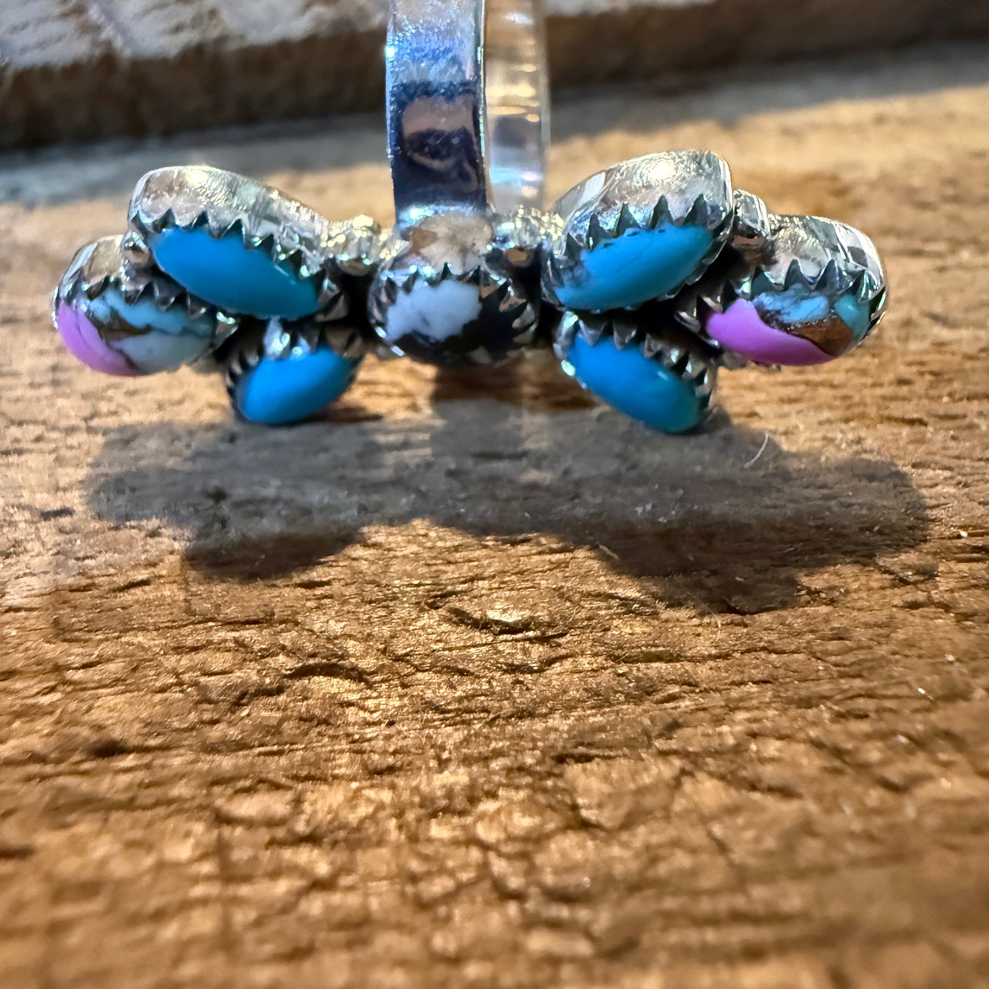 Cotton Candy Turquoise Dahlia Gemstone Statement Adjustable Sterling Silver Ring Wild West Boho