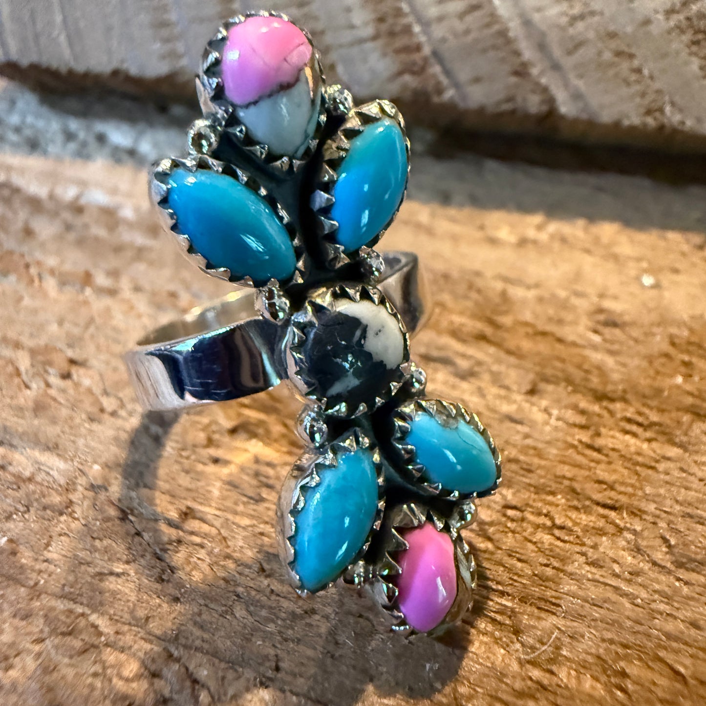 Cotton Candy Turquoise Dahlia Gemstone Statement Adjustable Sterling Silver Ring Wild West Boho