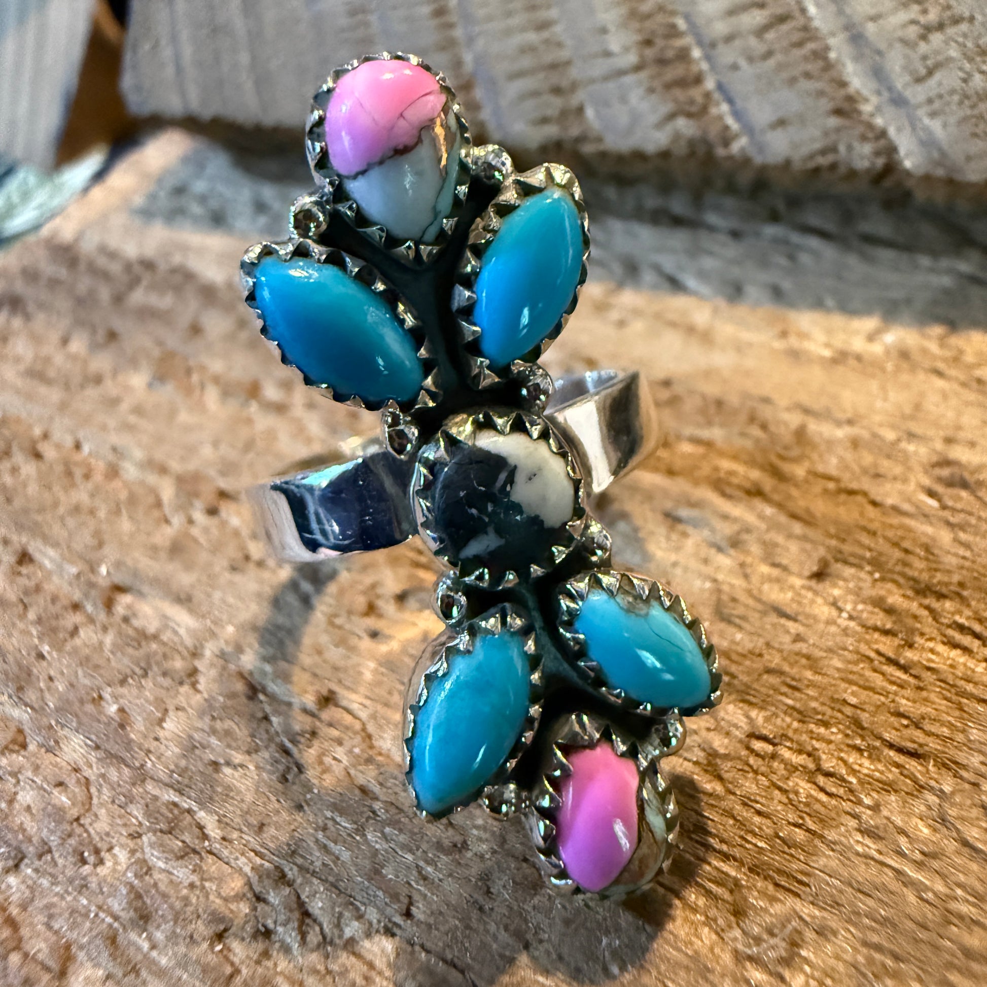 Cotton Candy Turquoise Dahlia Gemstone Statement Adjustable Sterling Silver Ring Wild West Boho