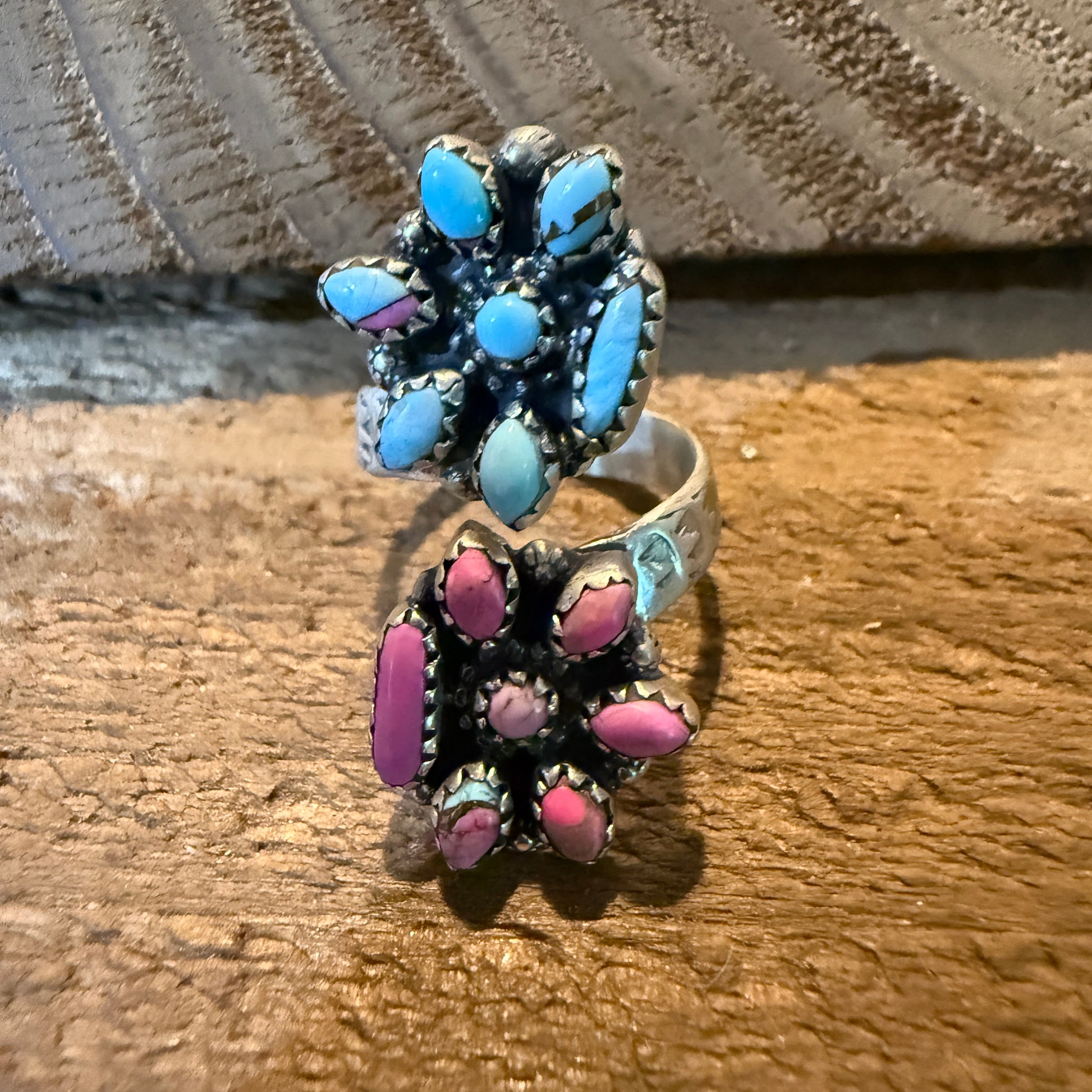 Cotton Candy Turquoise Dahlia Gemstone Adjustable Sterling Silver Ring Wild West Boho