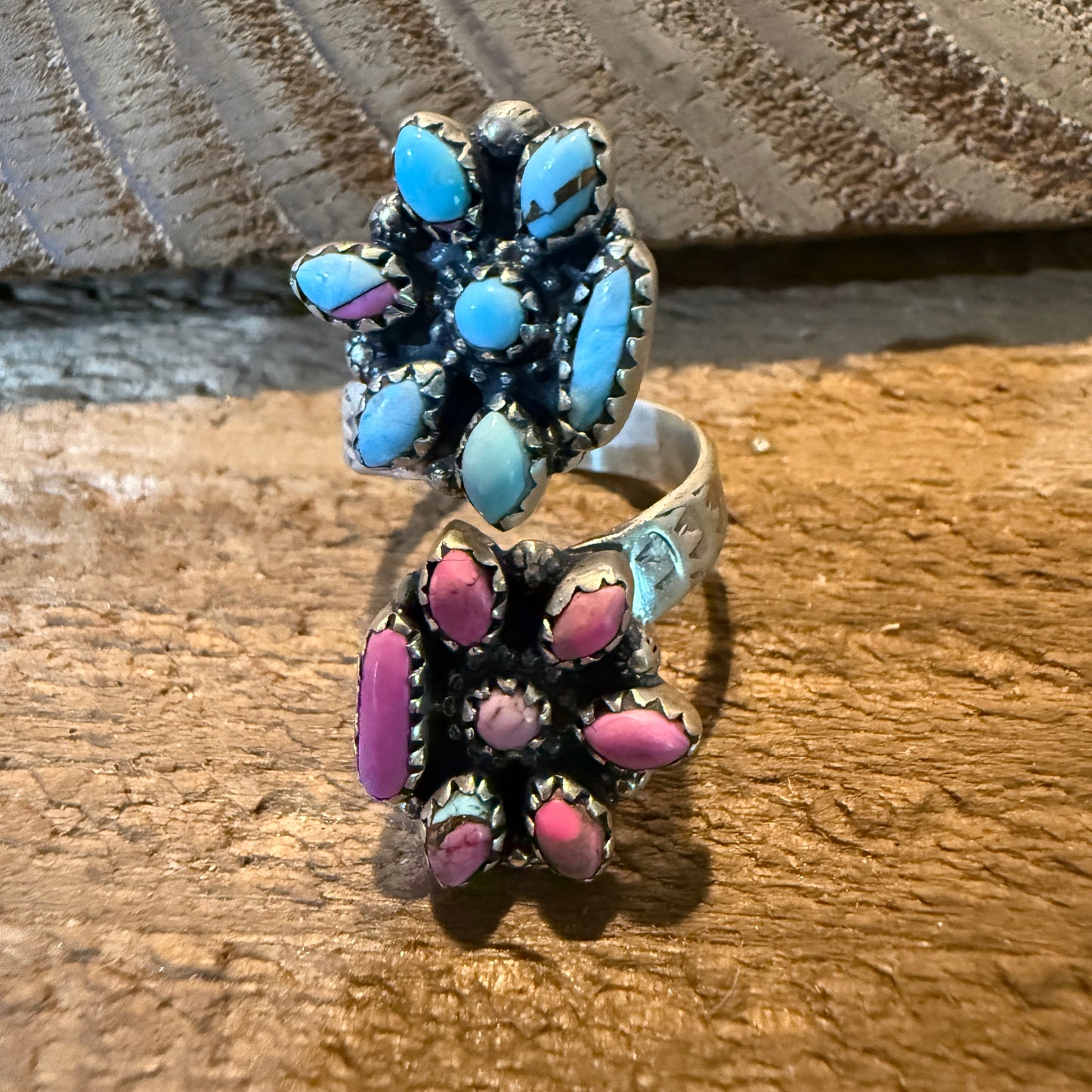 Cotton Candy Turquoise Dahlia Gemstone Adjustable Sterling Silver Ring Wild West Boho
