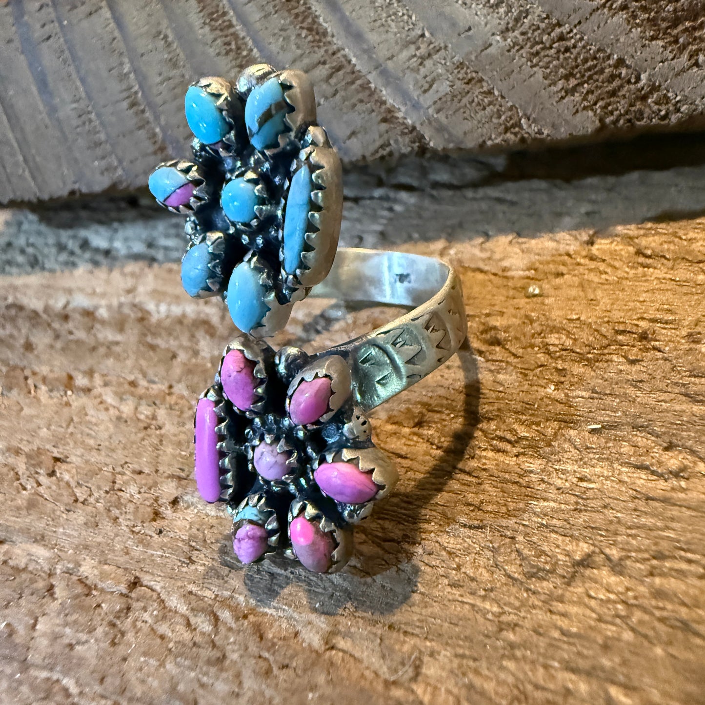 Cotton Candy Turquoise Dahlia Gemstone Adjustable Sterling Silver Ring Wild West Boho