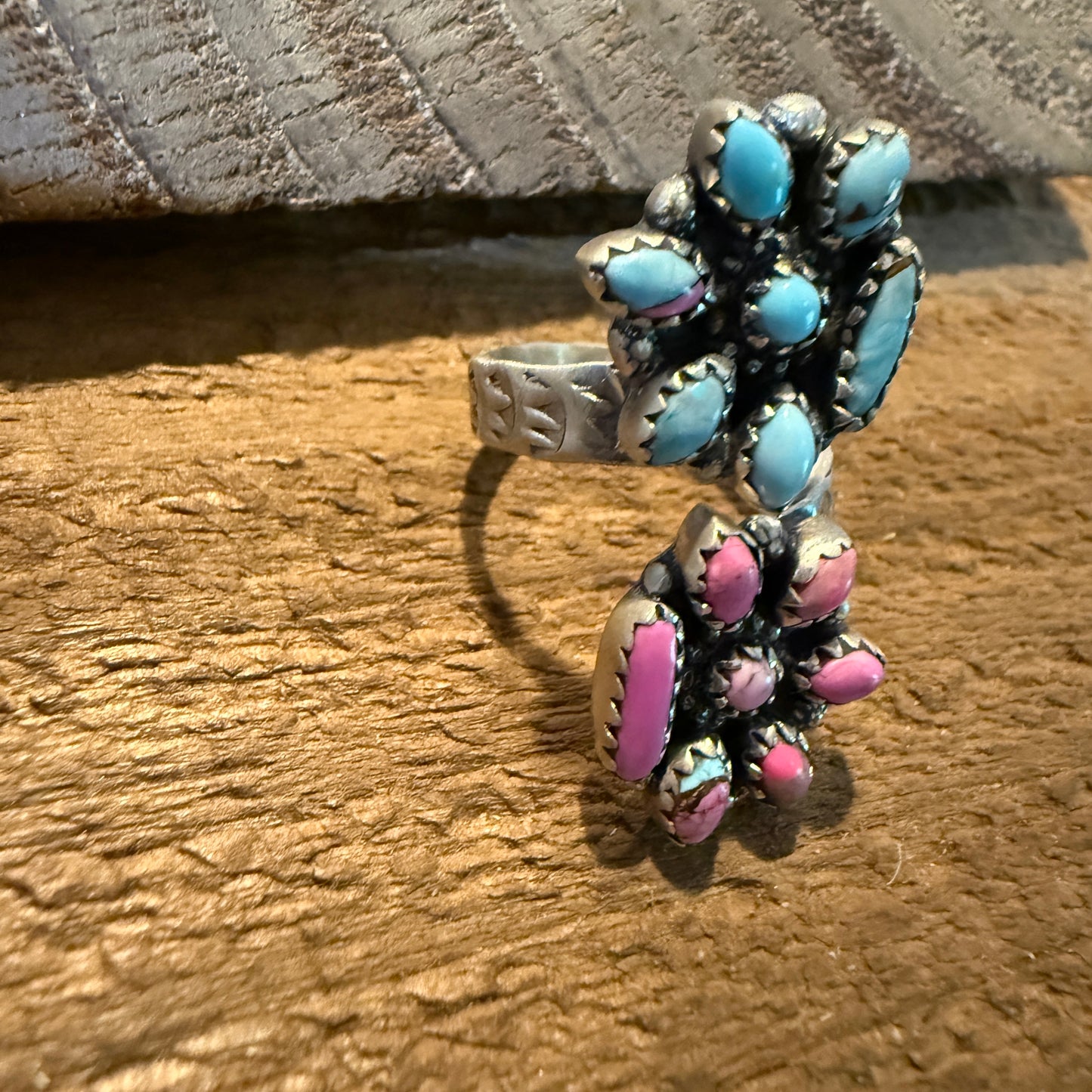 Cotton Candy Turquoise Dahlia Gemstone Adjustable Sterling Silver Ring Wild West Boho