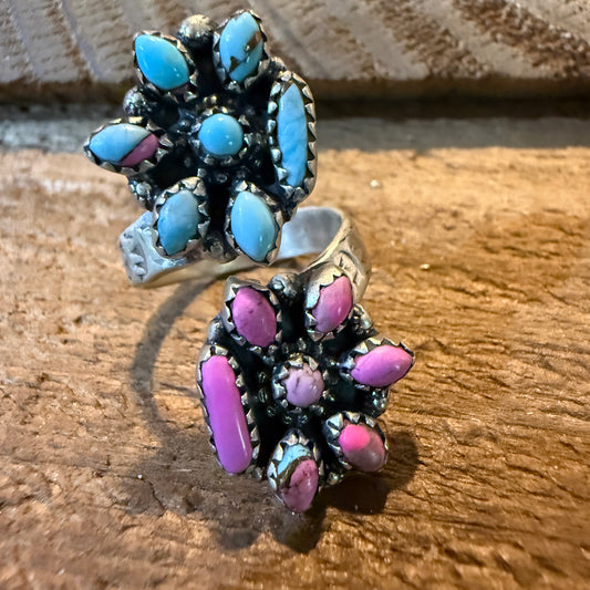 Cotton Candy Turquoise Dahlia Gemstone Adjustable Sterling Silver Ring Wild West Boho