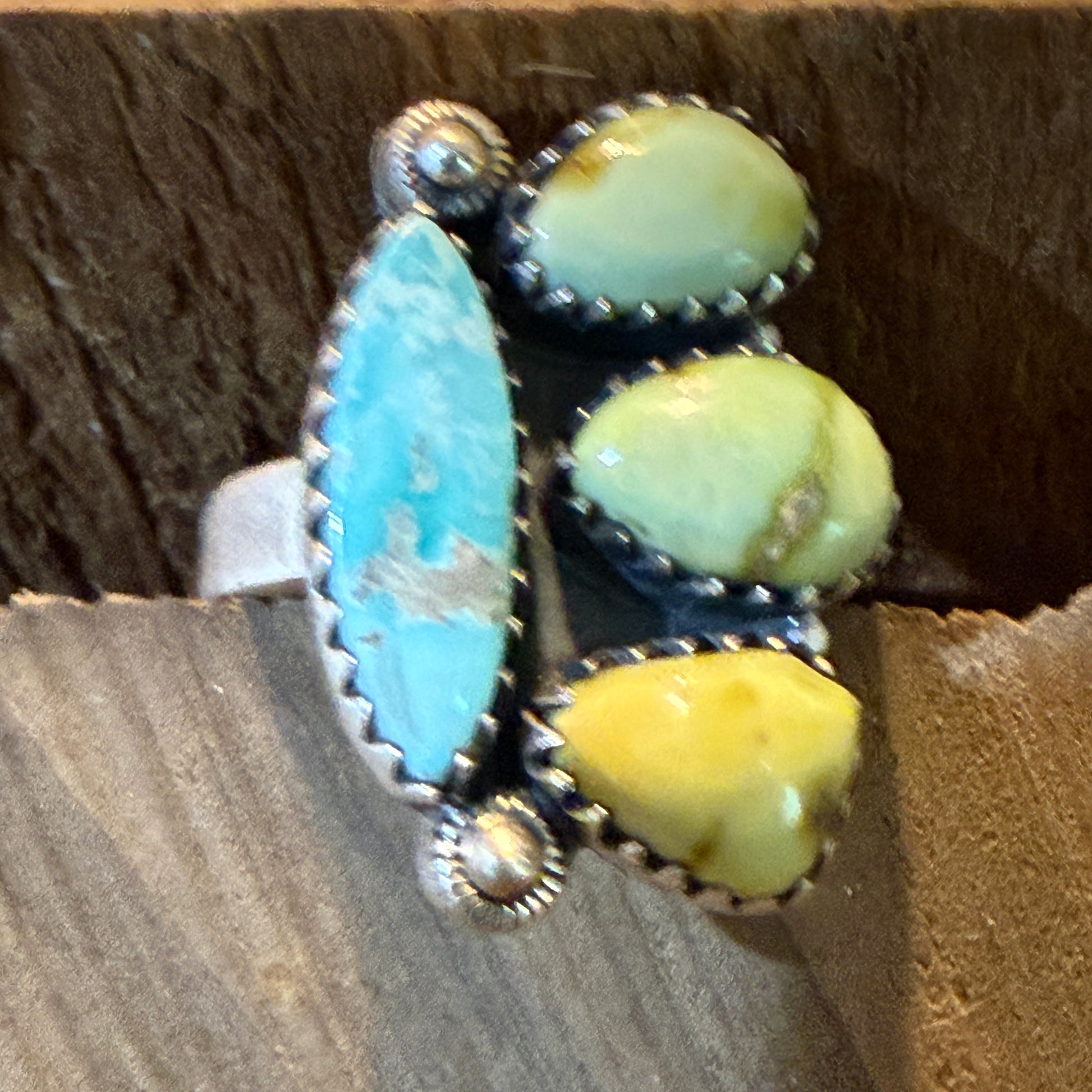 White Water and Palamino Turquoise Four Stone Adjustable Ring Sterling Silver Wild West Boho