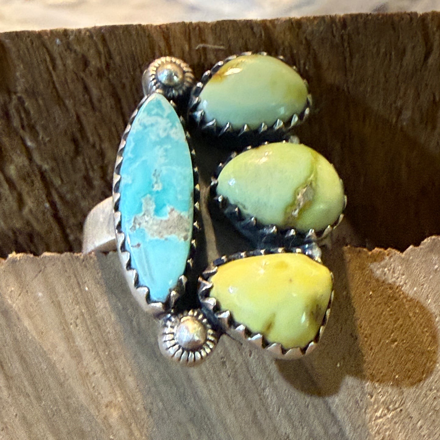 White Water and Palamino Turquoise Four Stone Adjustable Ring Sterling Silver Wild West Boho