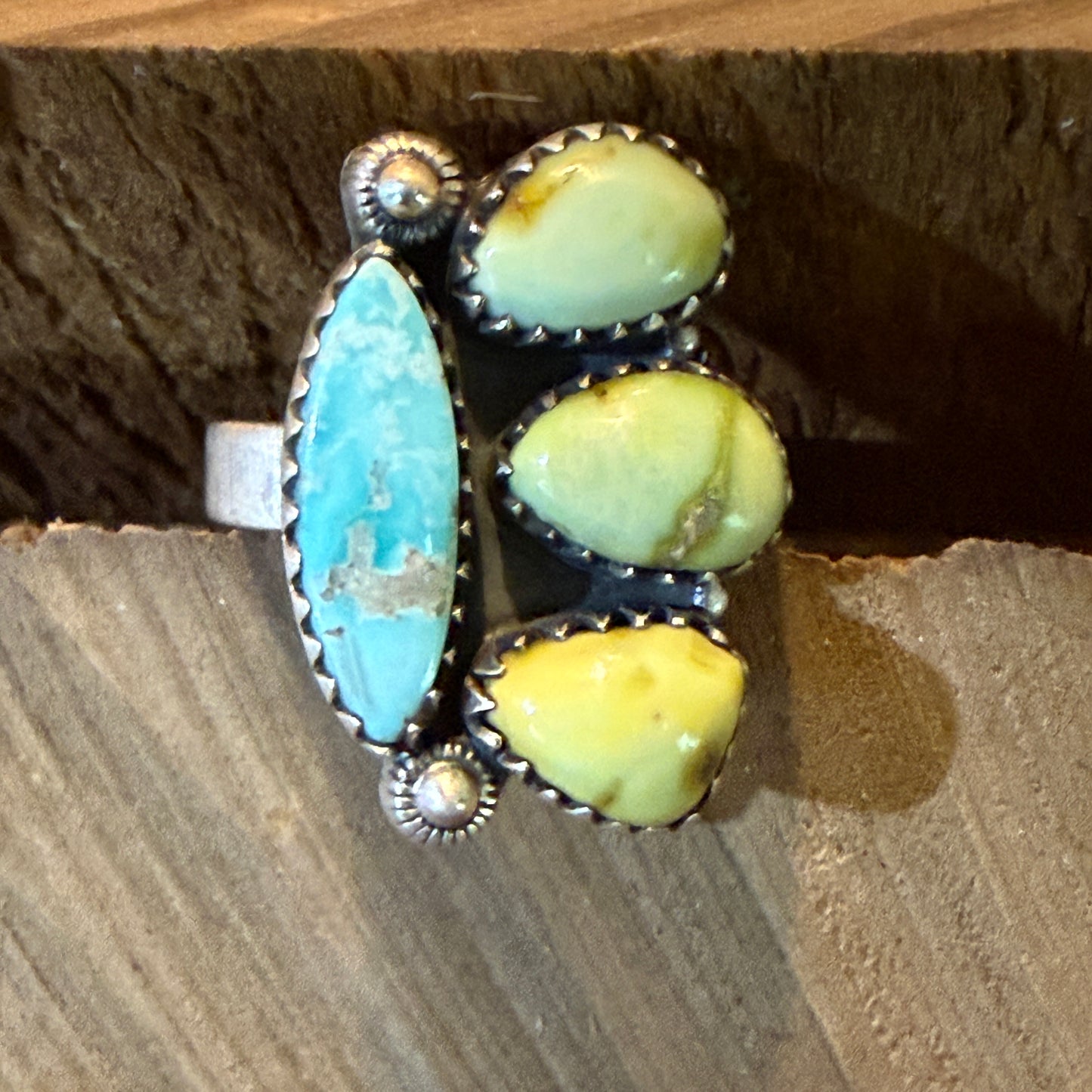 White Water and Palamino Turquoise Four Stone Adjustable Ring Sterling Silver Wild West Boho