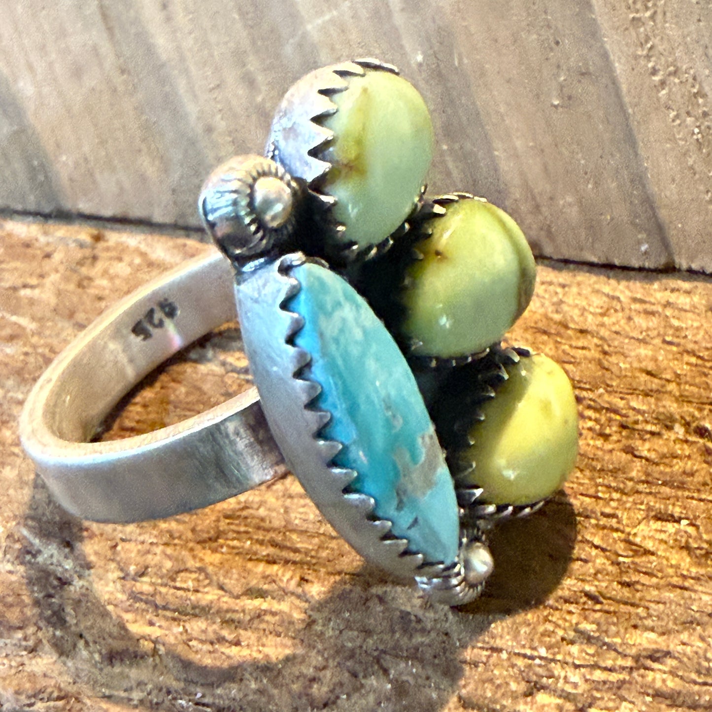 White Water and Palamino Turquoise Four Stone Adjustable Ring Sterling Silver Wild West Boho