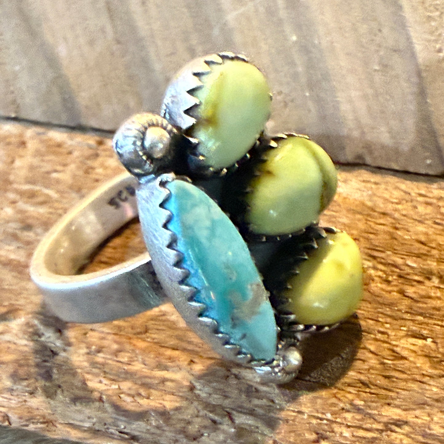 White Water and Palamino Turquoise Four Stone Adjustable Ring Sterling Silver Wild West Boho
