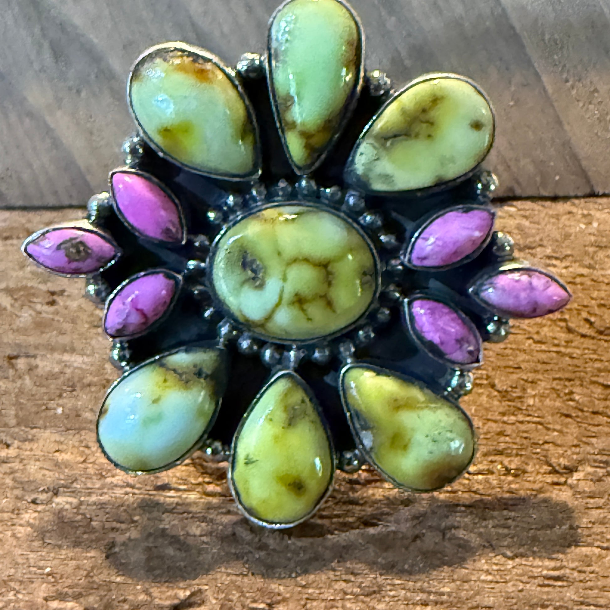 Palomino And Cotton Candy Dahlia Turquoise Gemstones Cluster Flex Ring Sterling Wild West Boho
