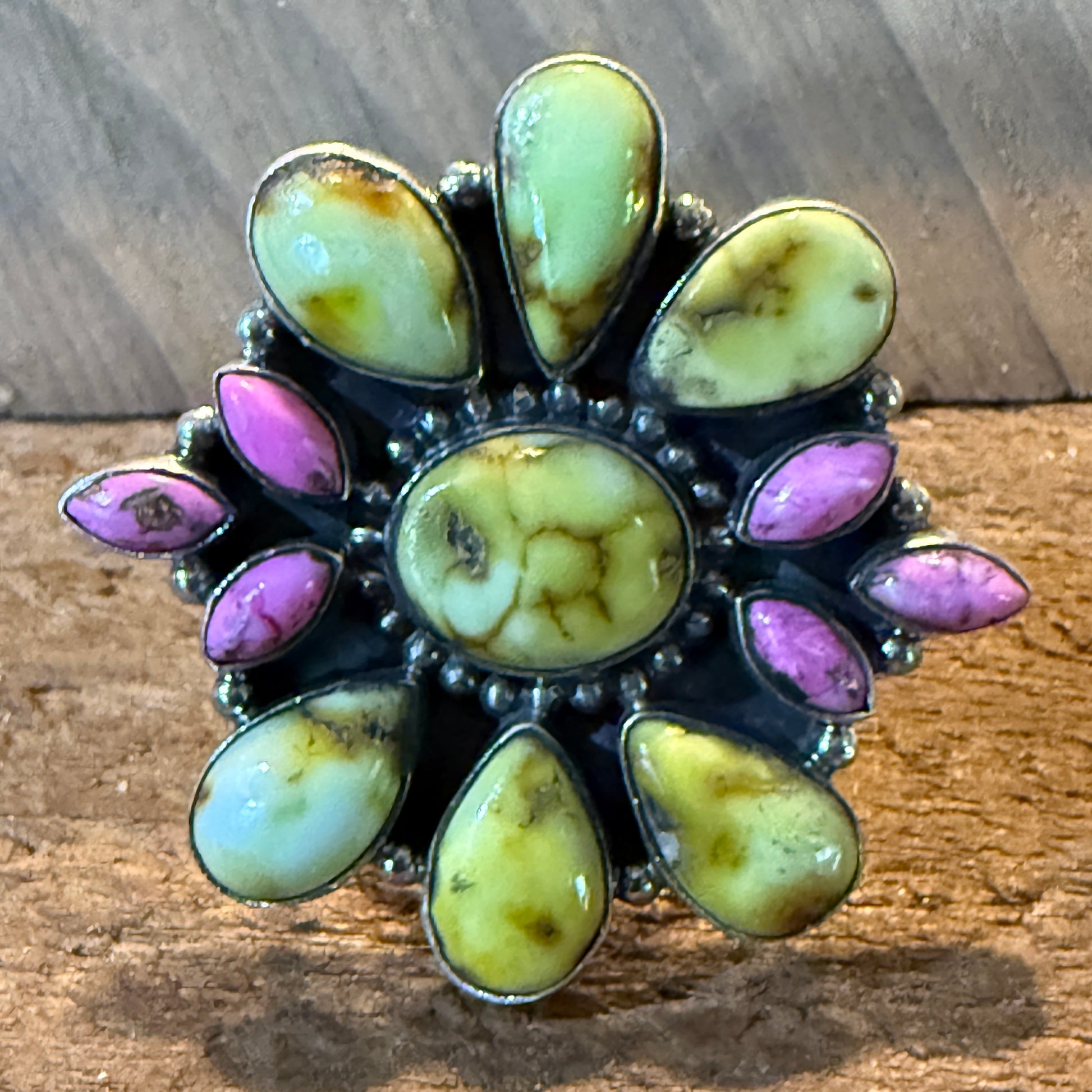 Palomino And Cotton Candy Dahlia Turquoise Gemstones Cluster Flex Ring Sterling Wild West Boho