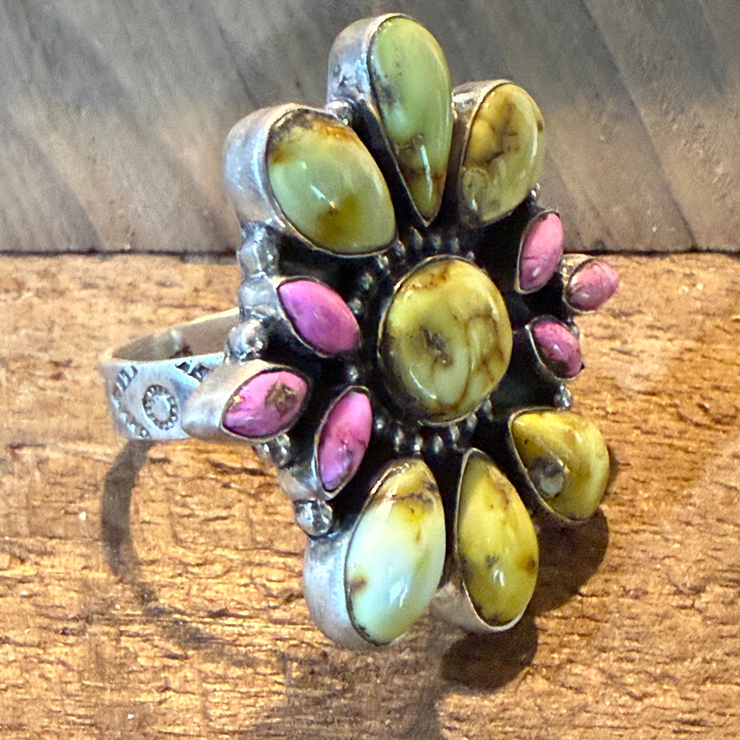 Palomino And Cotton Candy Dahlia Turquoise Gemstones Cluster Flex Ring Sterling Wild West Boho