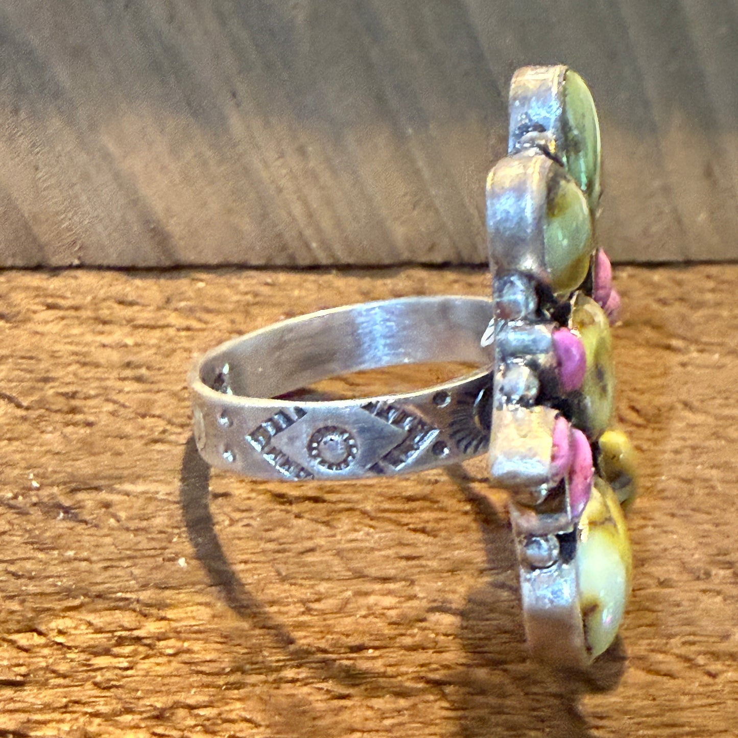 Palomino And Cotton Candy Dahlia Turquoise Gemstones Cluster Flex Ring Sterling Wild West Boho