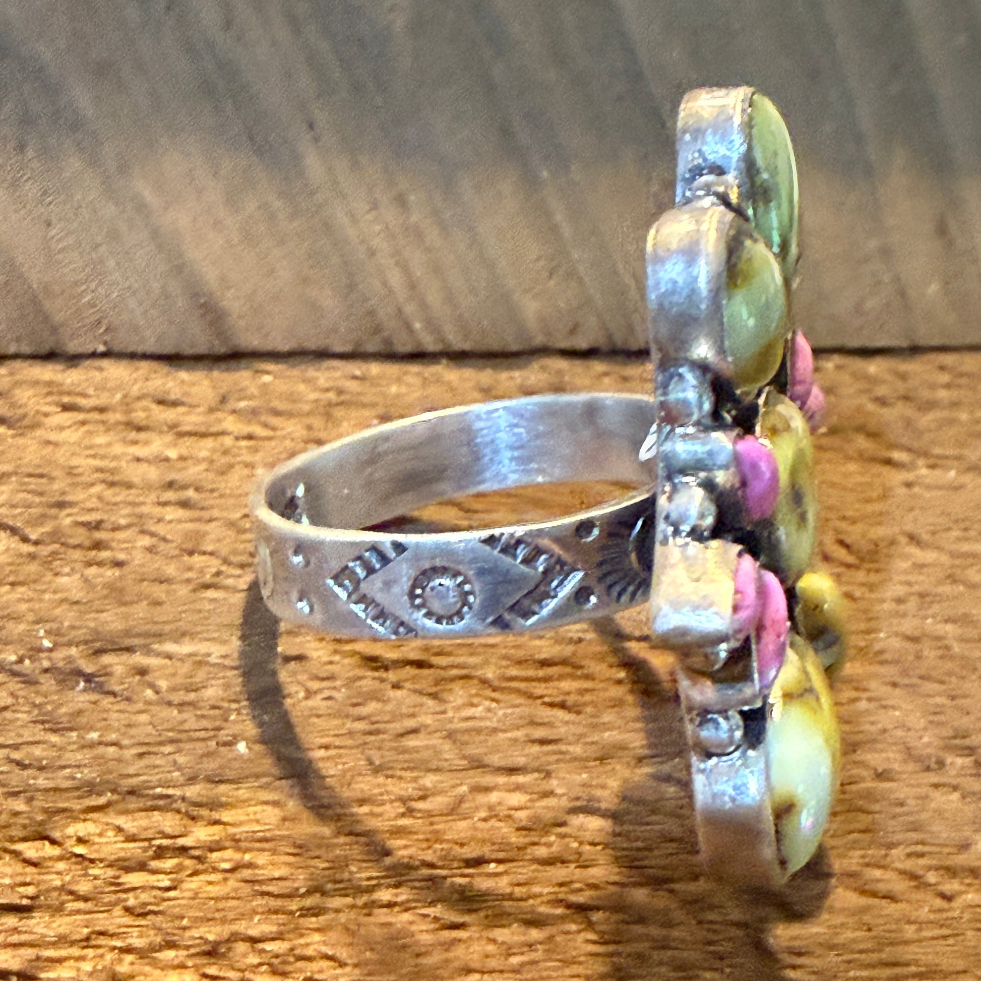 Palomino And Cotton Candy Dahlia Turquoise Gemstones Cluster Flex Ring Sterling Wild West Boho
