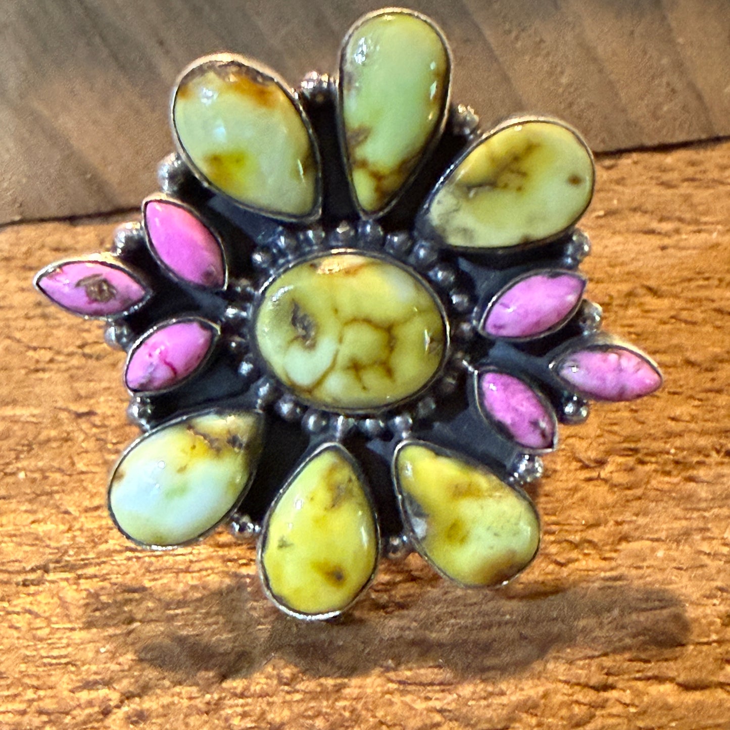 Palomino And Cotton Candy Dahlia Turquoise Gemstones Cluster Flex Ring Sterling Wild West Boho