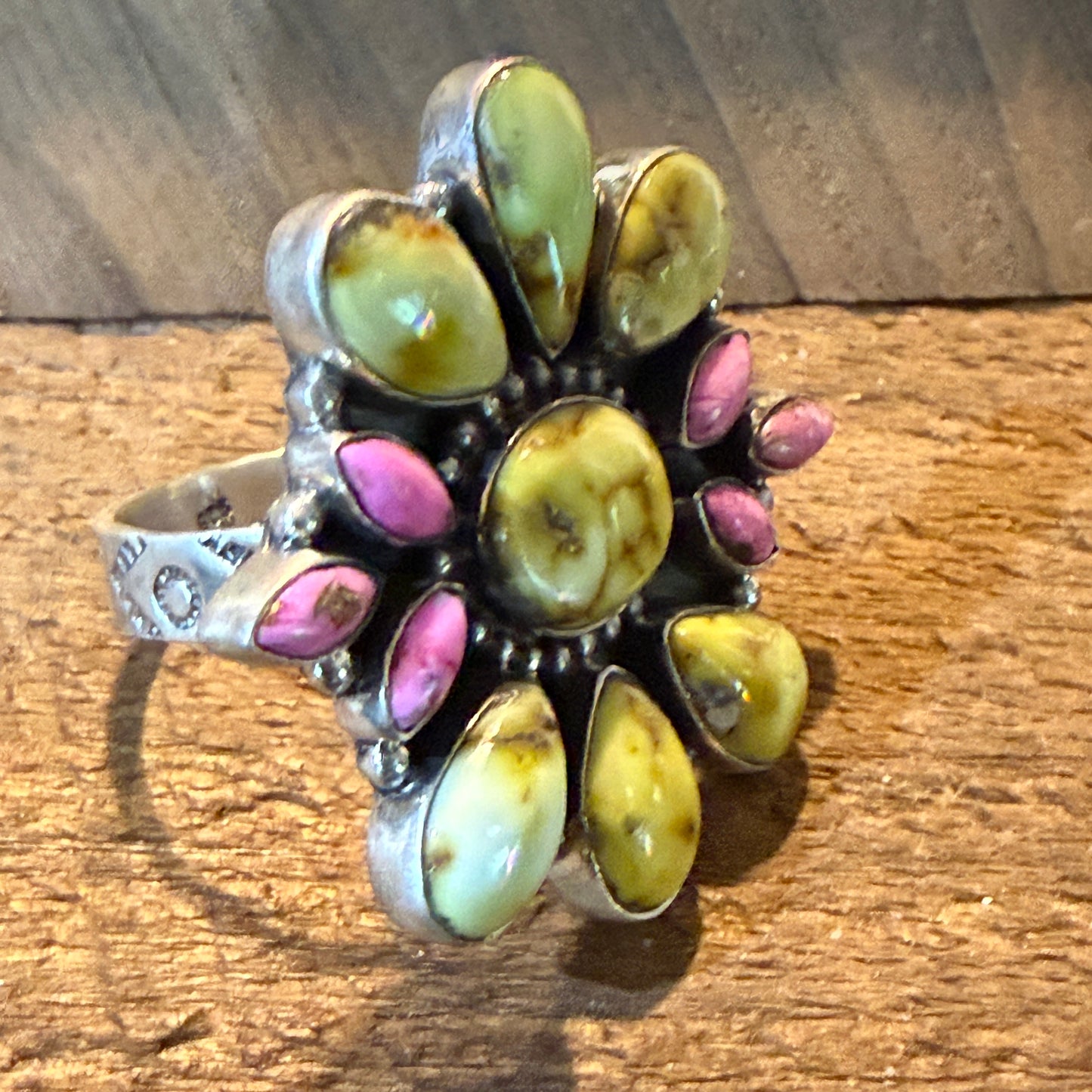 Palomino And Cotton Candy Dahlia Turquoise Gemstones Cluster Flex Ring Sterling Wild West Boho