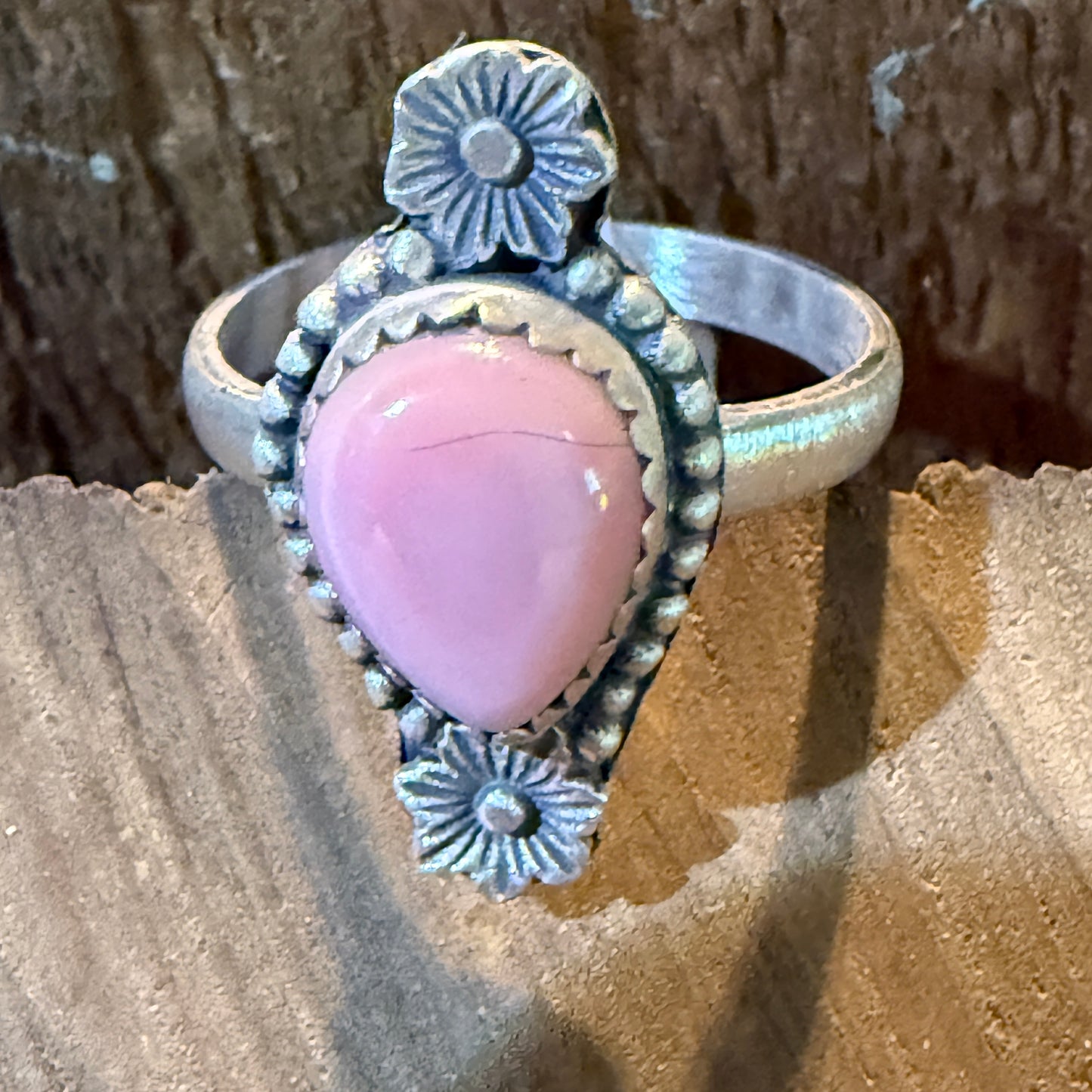 Pink Conch Gemstone Floral Adjustable Ring In Sterling Silver Wild West Boho
