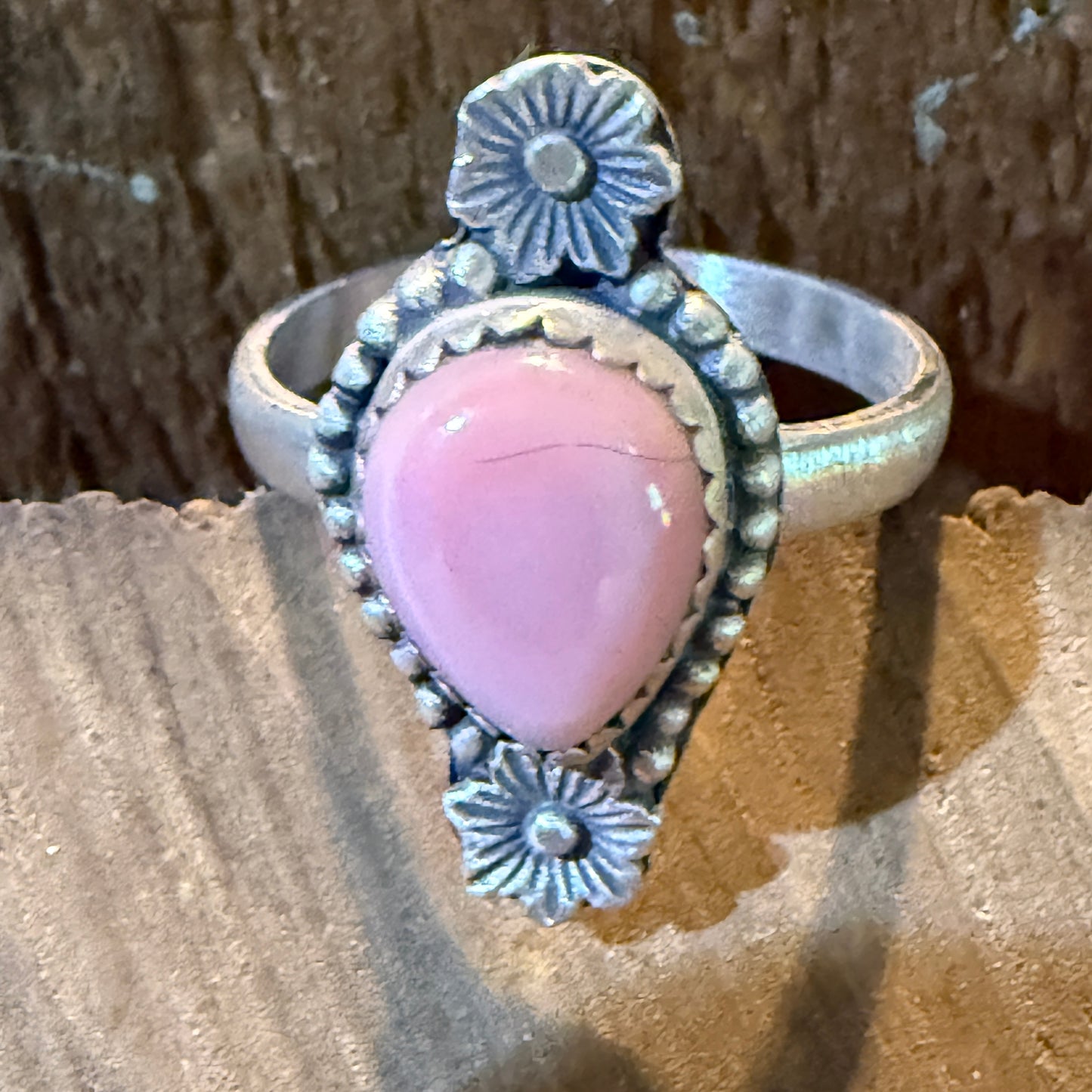 Pink Conch Gemstone Floral Adjustable Ring In Sterling Silver Wild West Boho