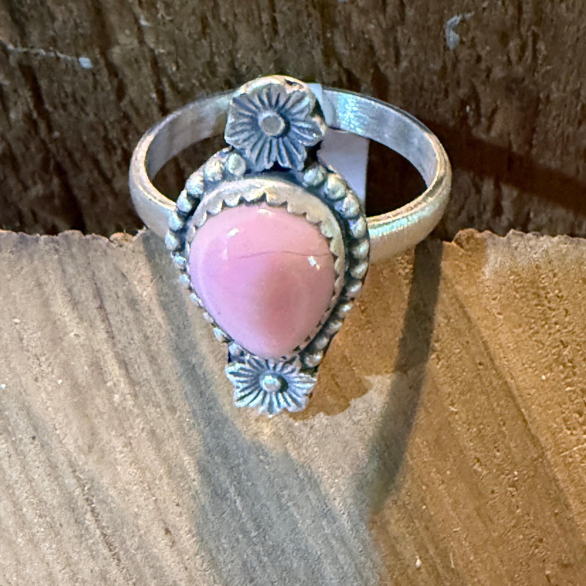 Pink Conch Gemstone Floral Adjustable Ring In Sterling Silver Wild West Boho