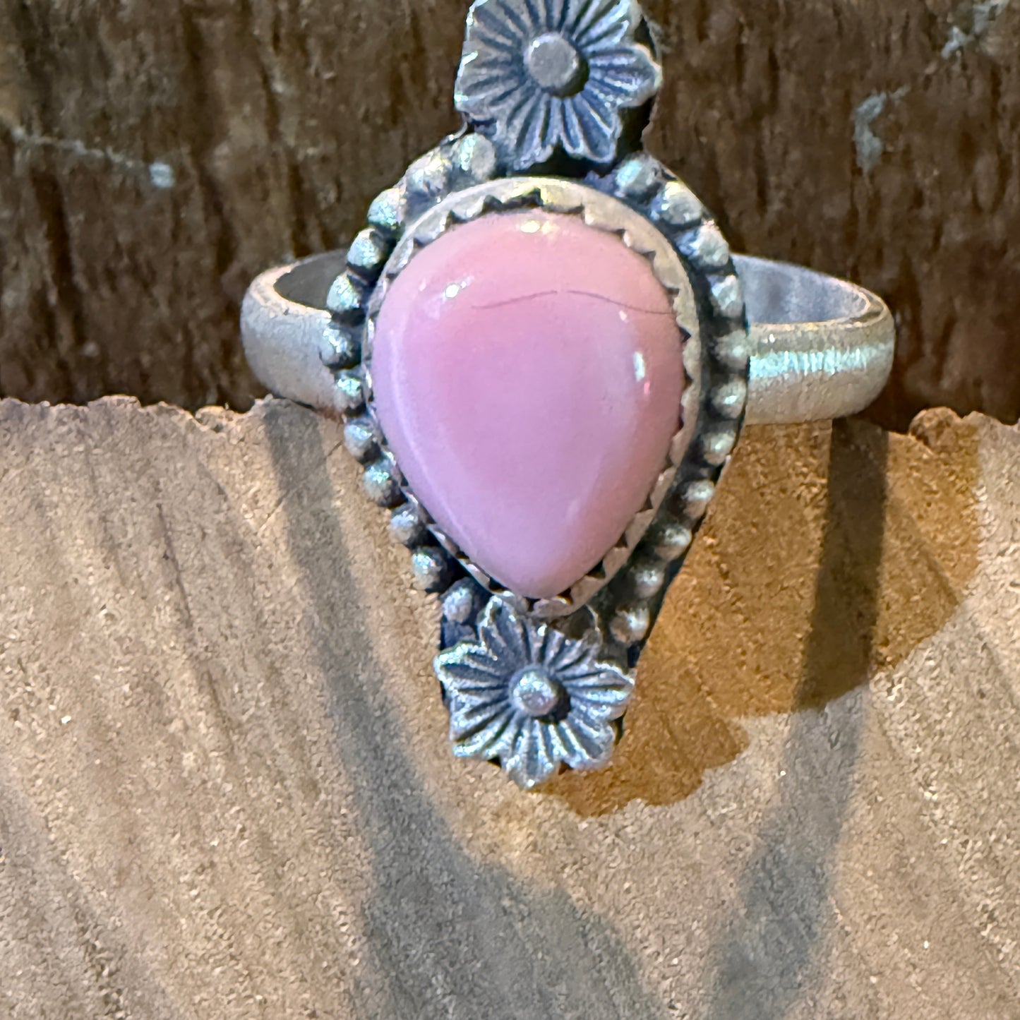 Pink Conch Gemstone Floral Adjustable Ring In Sterling Silver Wild West Boho