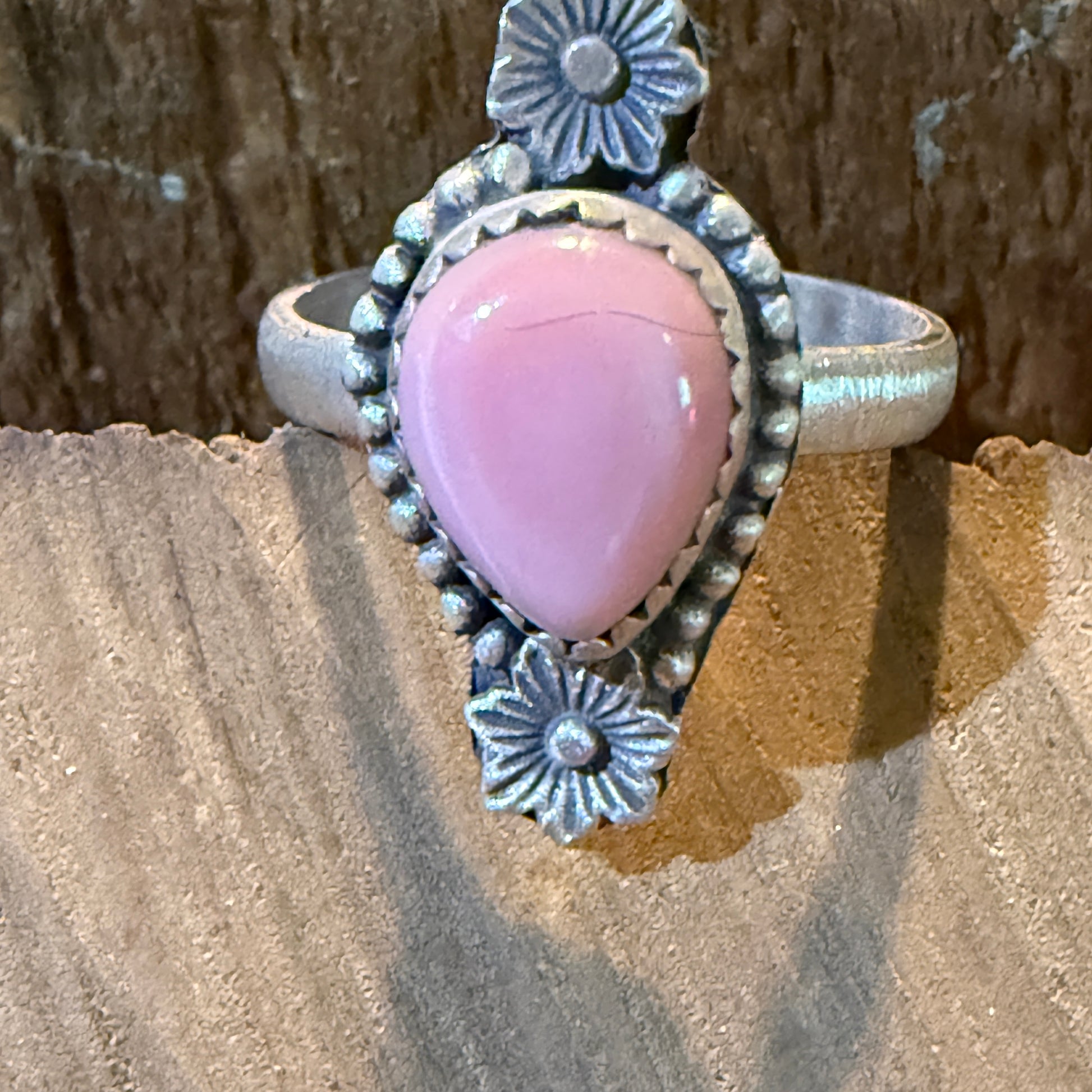 Pink Conch Gemstone Floral Adjustable Ring In Sterling Silver Wild West Boho
