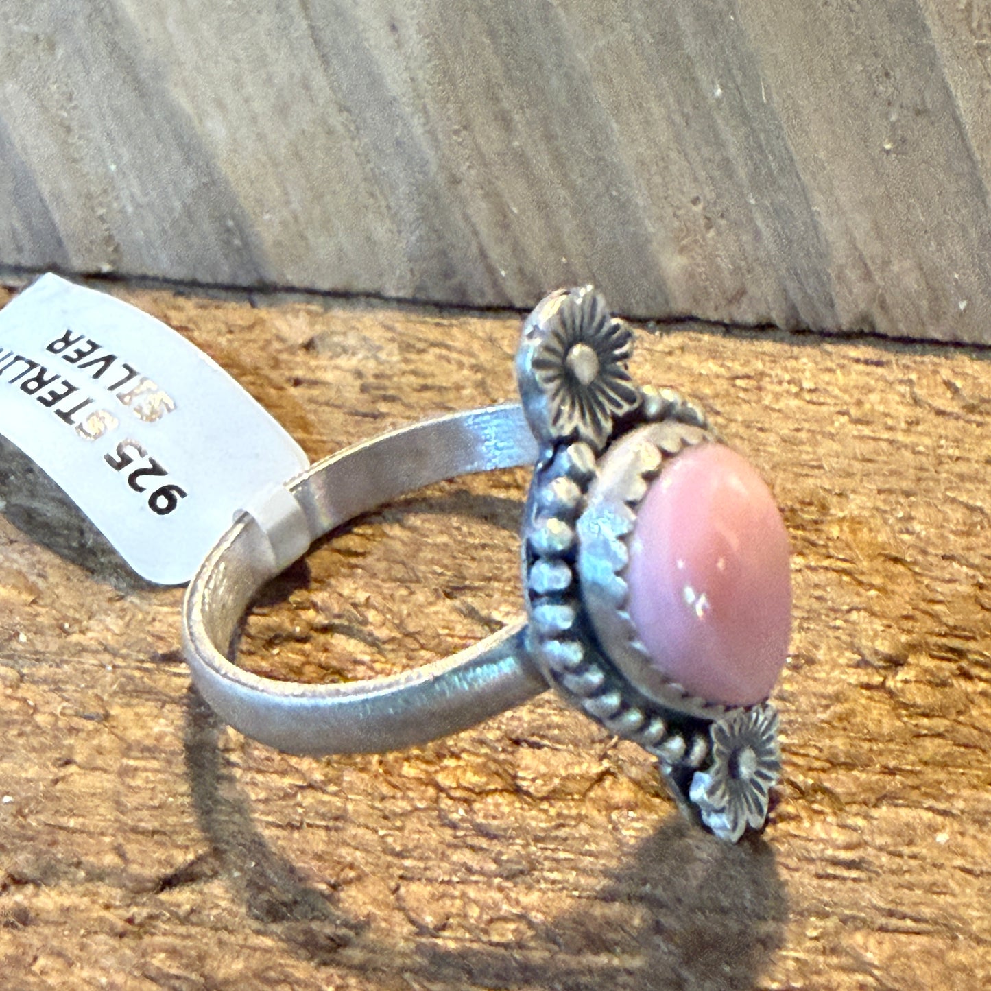 Pink Conch Gemstone Floral Adjustable Ring In Sterling Silver Wild West Boho