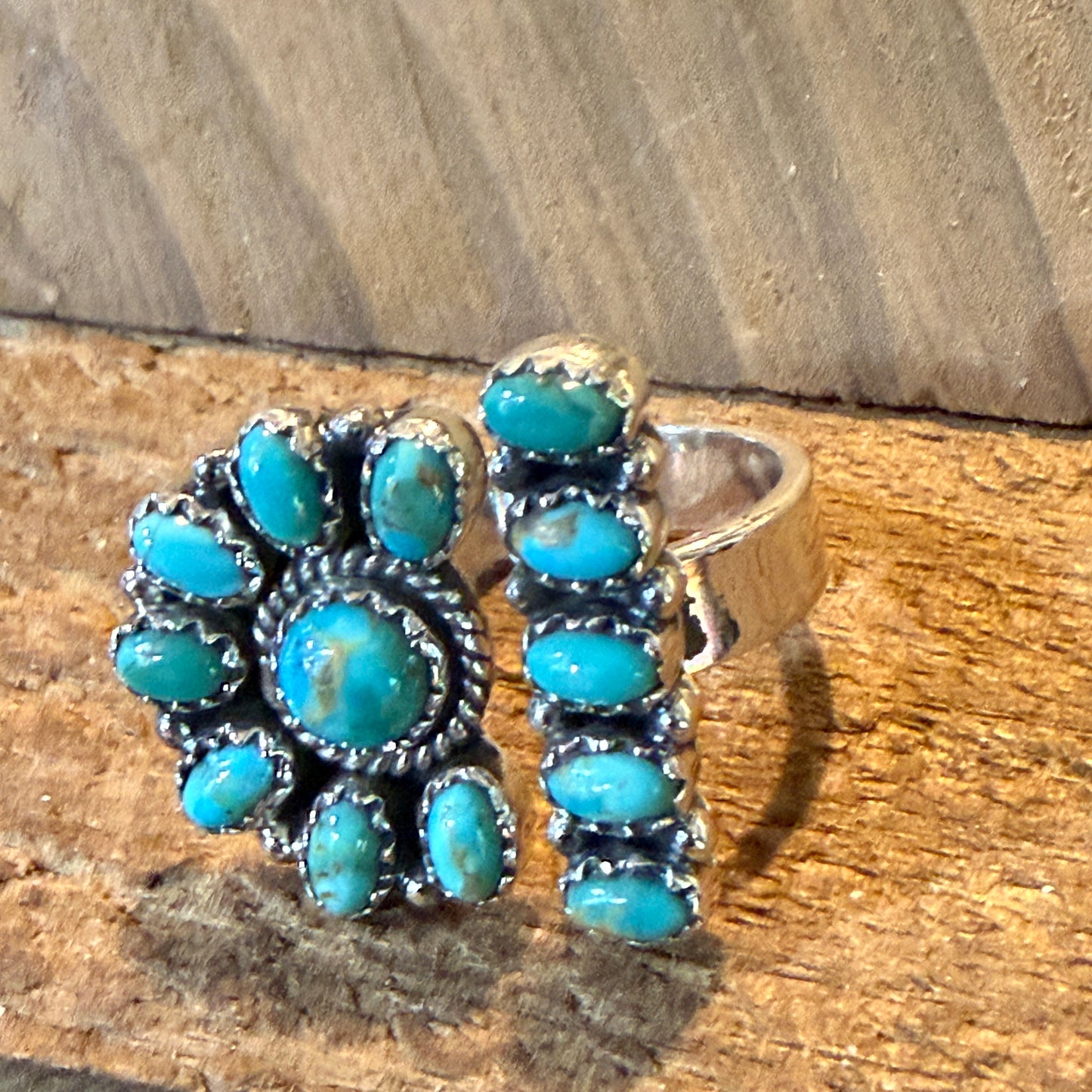 Sonoran Gold Turquoise Gemstone Cluster Ring Adjustable in Sterling Silver Wild West Boho