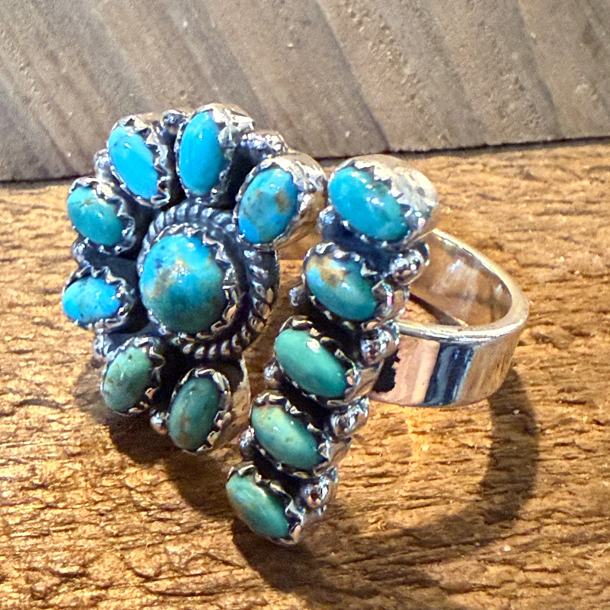 Sonoran Gold Turquoise Gemstone Cluster Ring Adjustable in Sterling Silver Wild West Boho