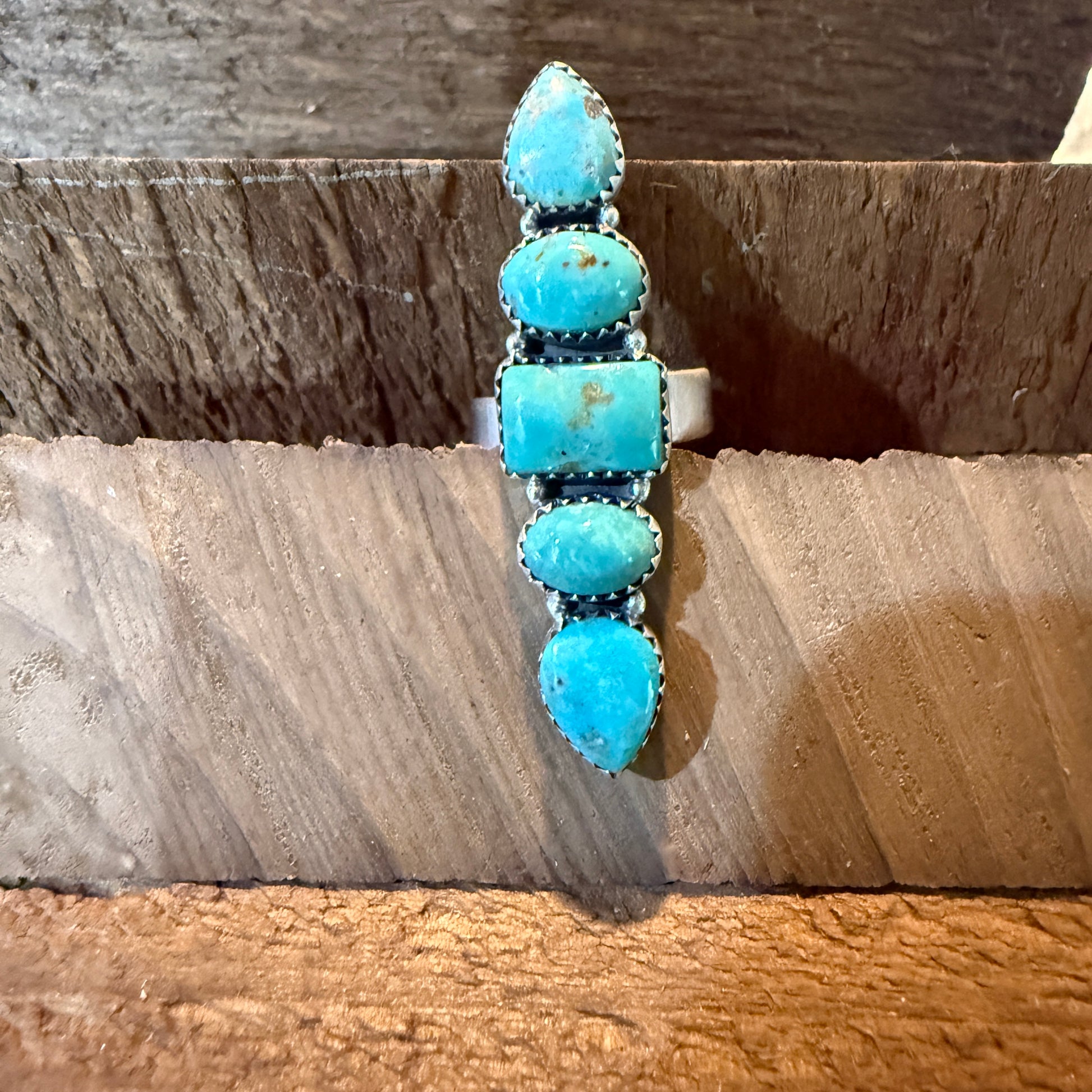 Pilot Mountain Turquoise Five Stone Adjustable Ring Sterling Silver Wild West Boho