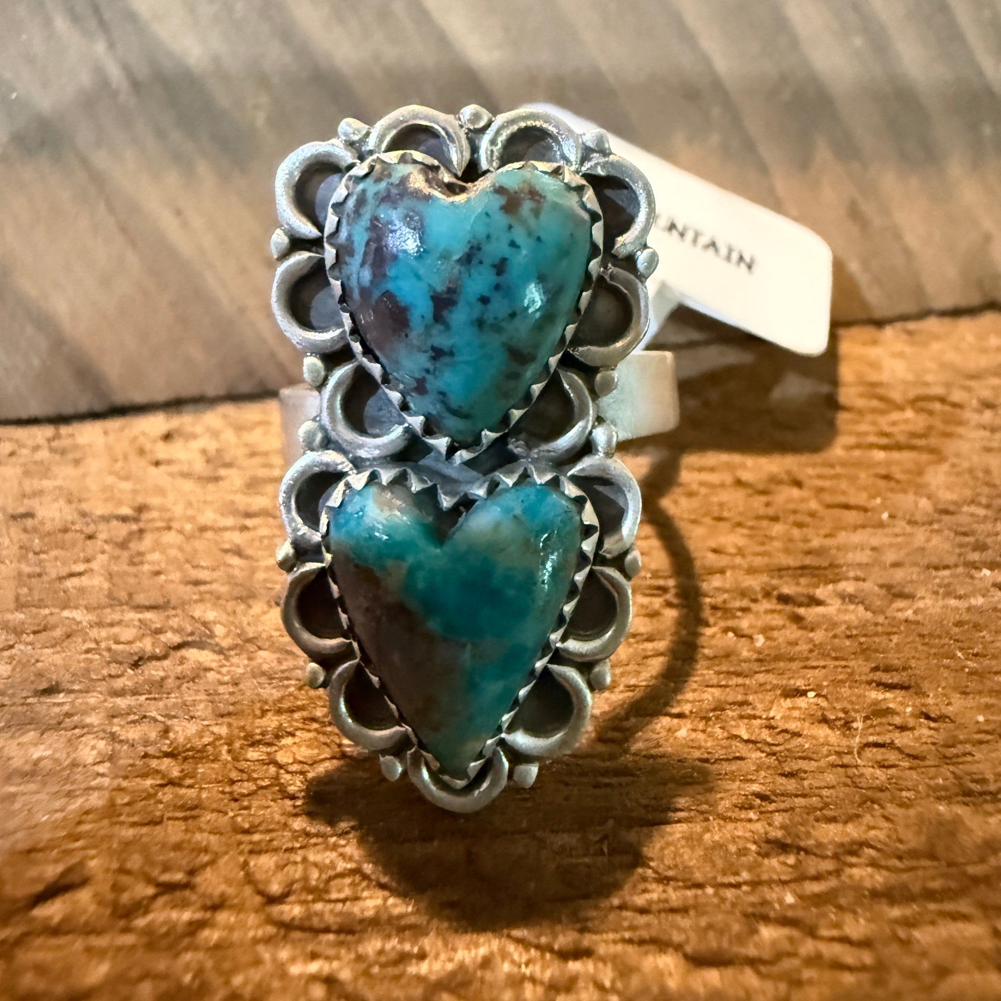Pilot Mountain Turquoise Gemstone Double Heart Adjustable Ring Sterling Silver Wild West Boho