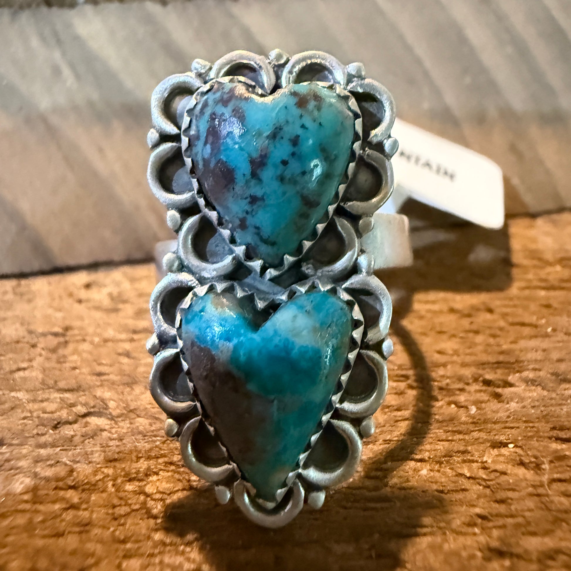 Pilot Mountain Turquoise Gemstone Double Heart Adjustable Ring Sterling Silver Wild West Boho