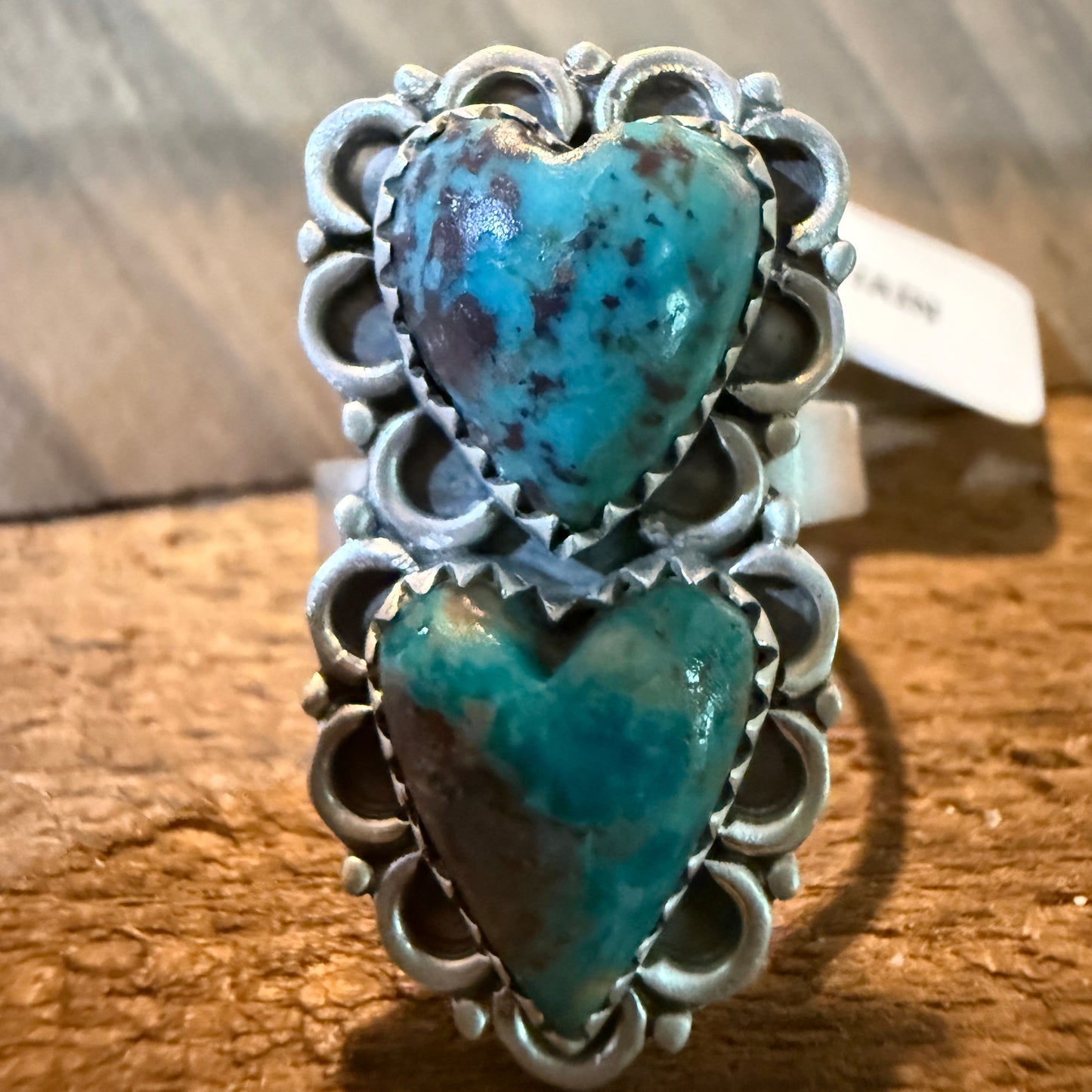 Pilot Mountain Turquoise Gemstone Double Heart Adjustable Ring Sterling Silver Wild West Boho