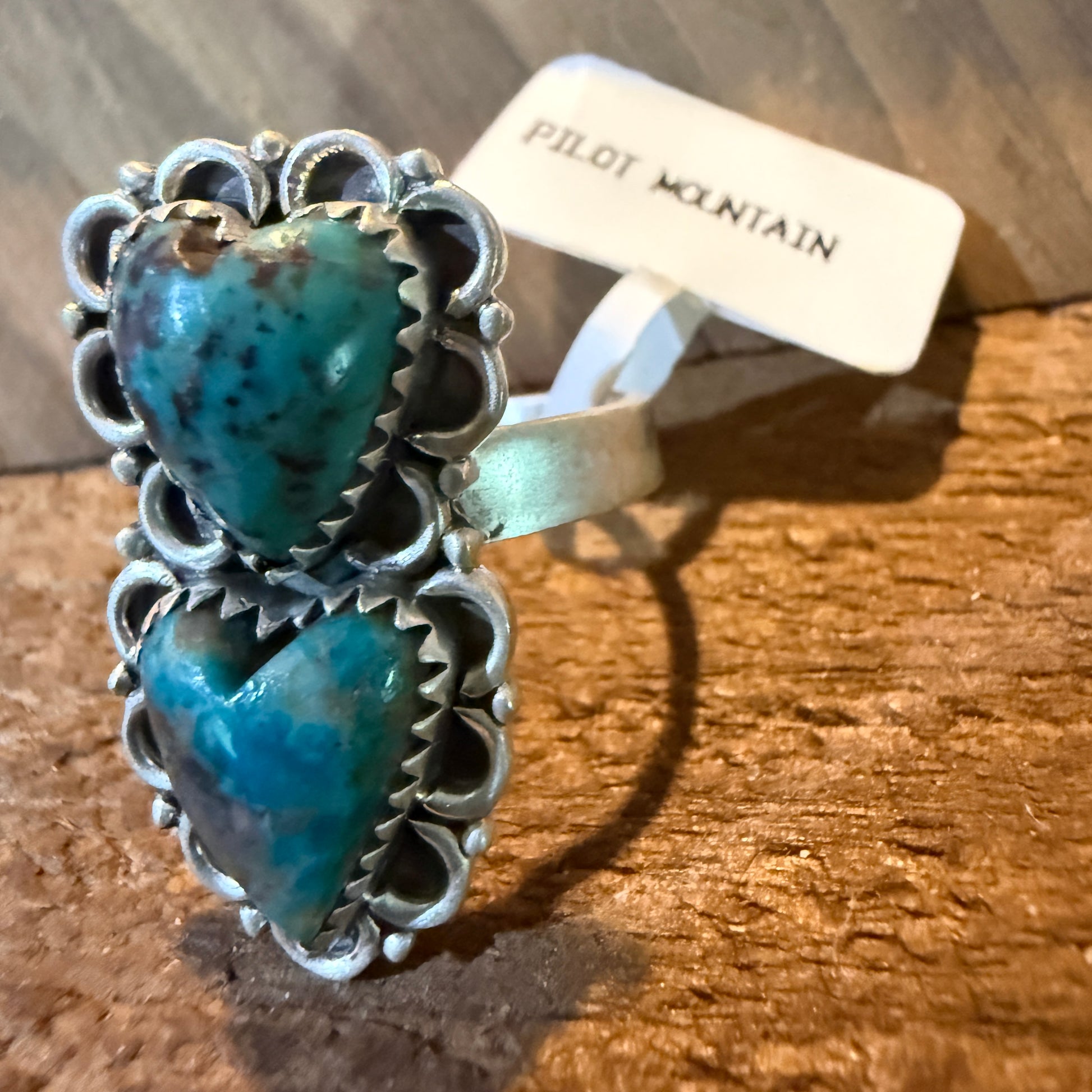 Pilot Mountain Turquoise Gemstone Double Heart Adjustable Ring Sterling Silver Wild West Boho