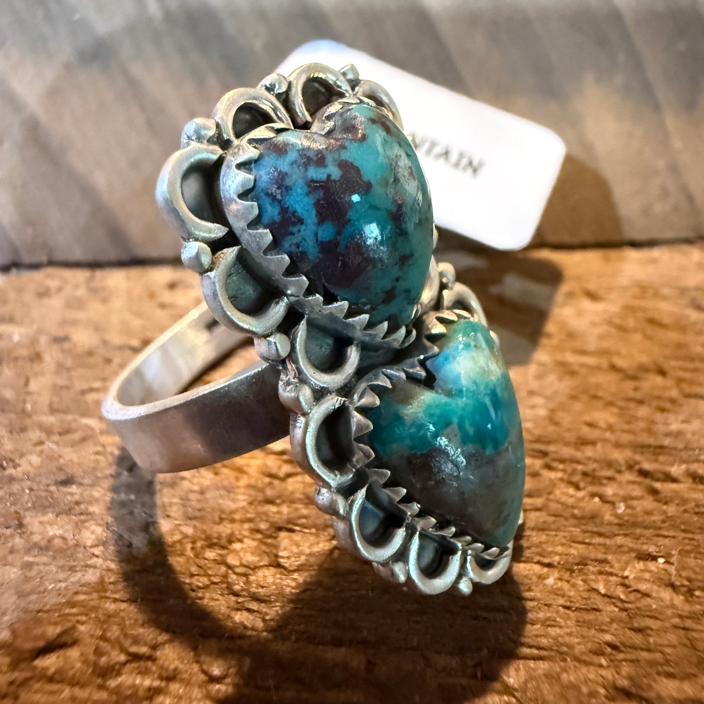 Pilot Mountain Turquoise Gemstone Double Heart Adjustable Ring Sterling Silver Wild West Boho