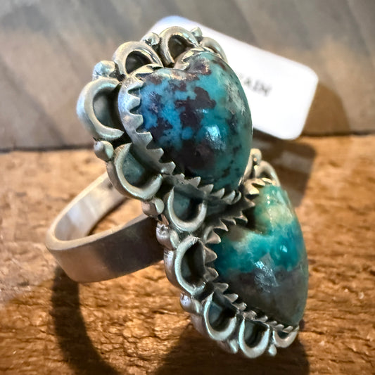 Pilot Mountain Turquoise Gemstone Double Heart Adjustable Ring Sterling Silver Wild West Boho