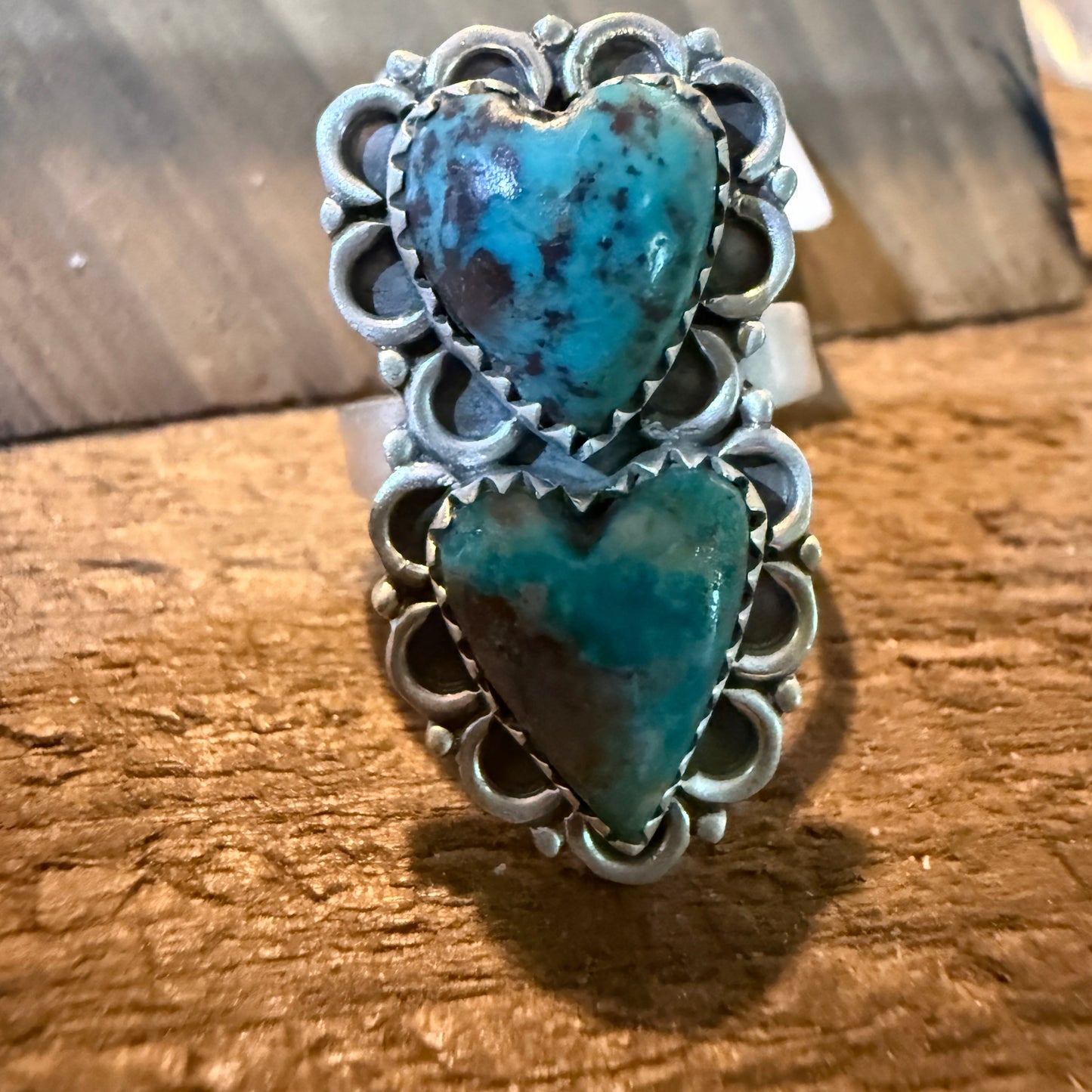 Pilot Mountain Turquoise Gemstone Double Heart Adjustable Ring Sterling Silver Wild West Boho