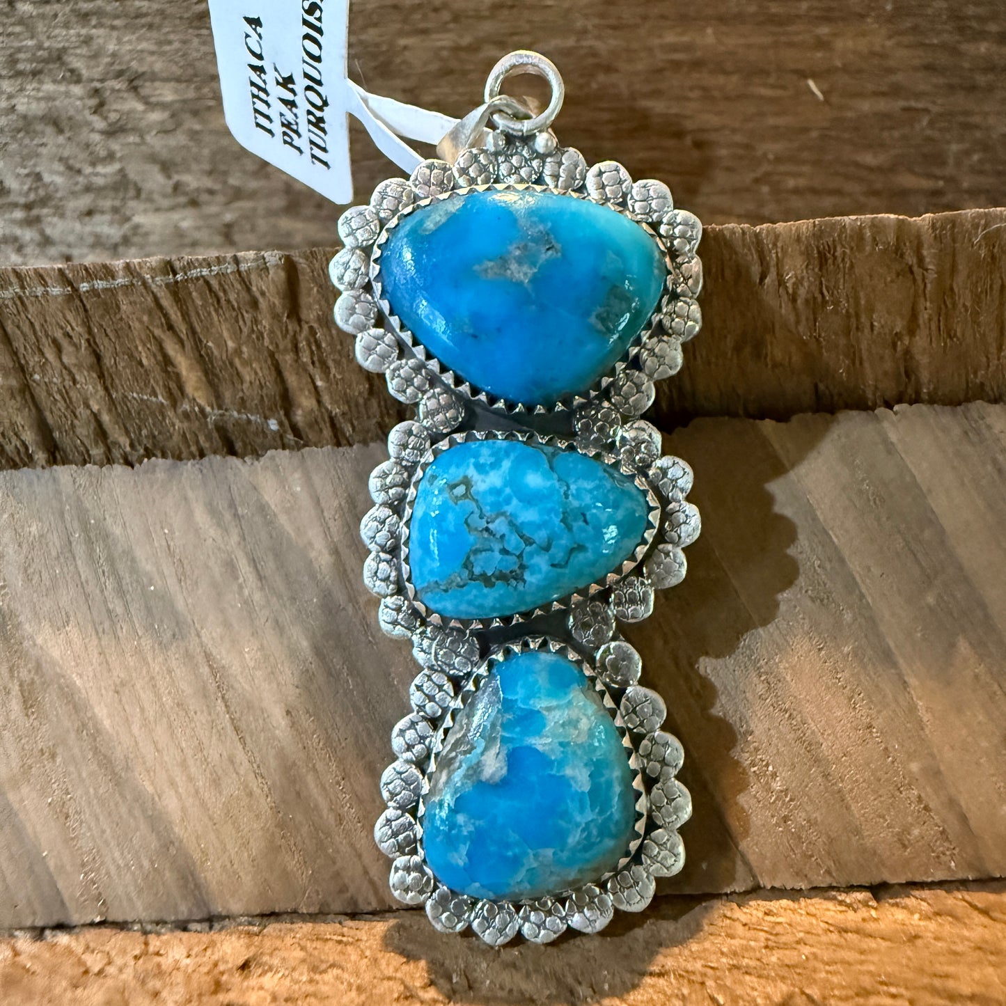Mohave Style Ithaca Peak Turquoise Gemstone Three Stone Pendant Wild West Boho