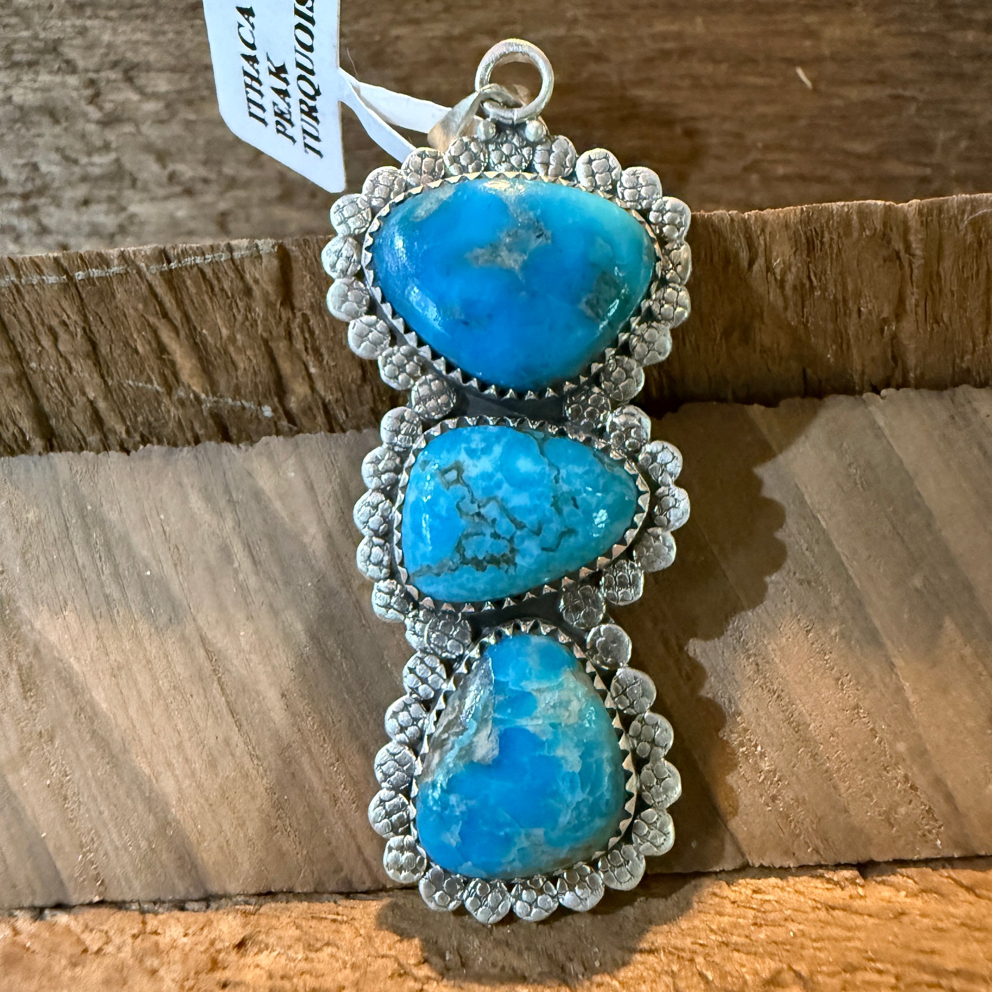 Mohave Style Ithaca Peak Turquoise Gemstone Three Stone Pendant Wild West Boho