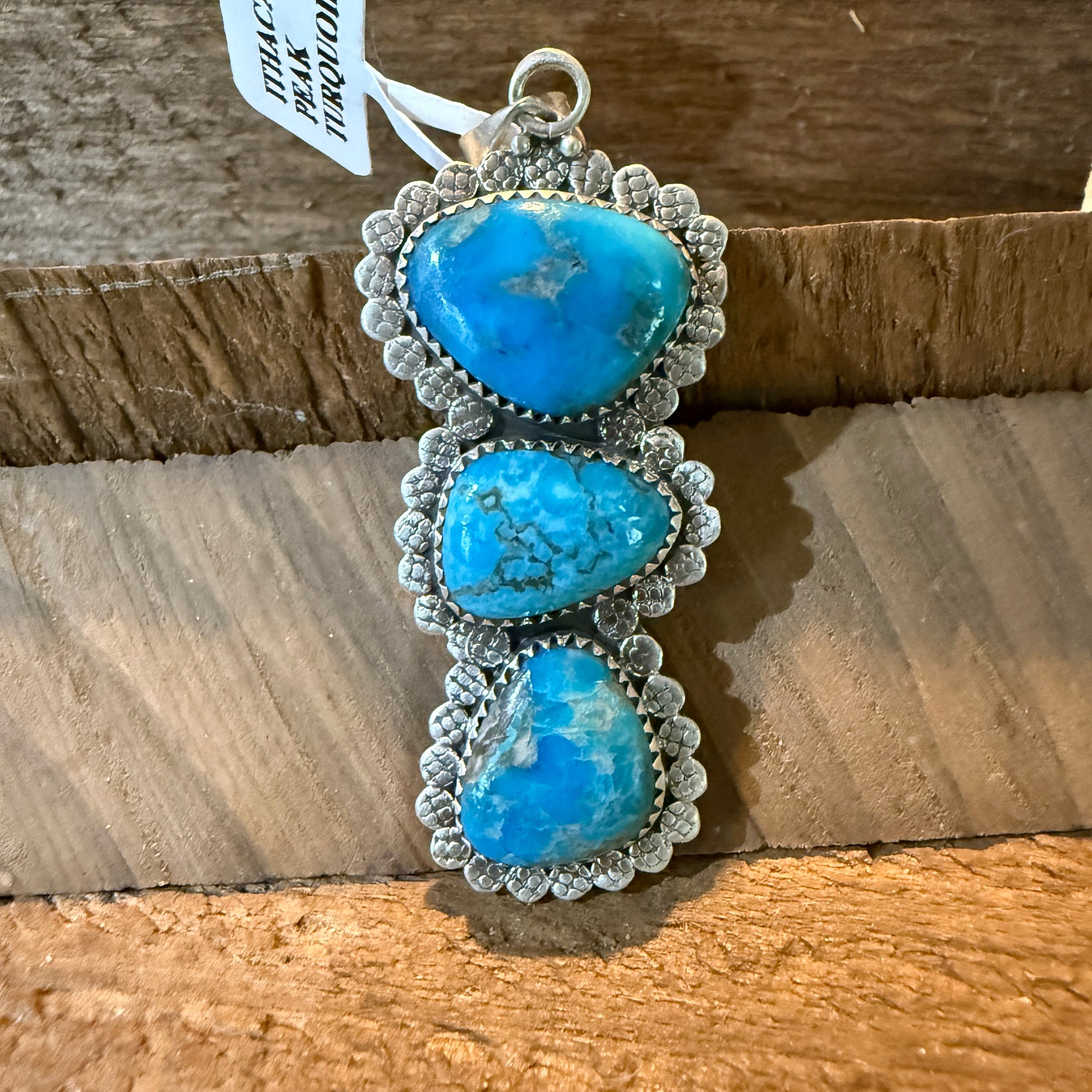 Mohave Style Ithaca Peak Turquoise Gemstone Three Stone Pendant Wild West Boho