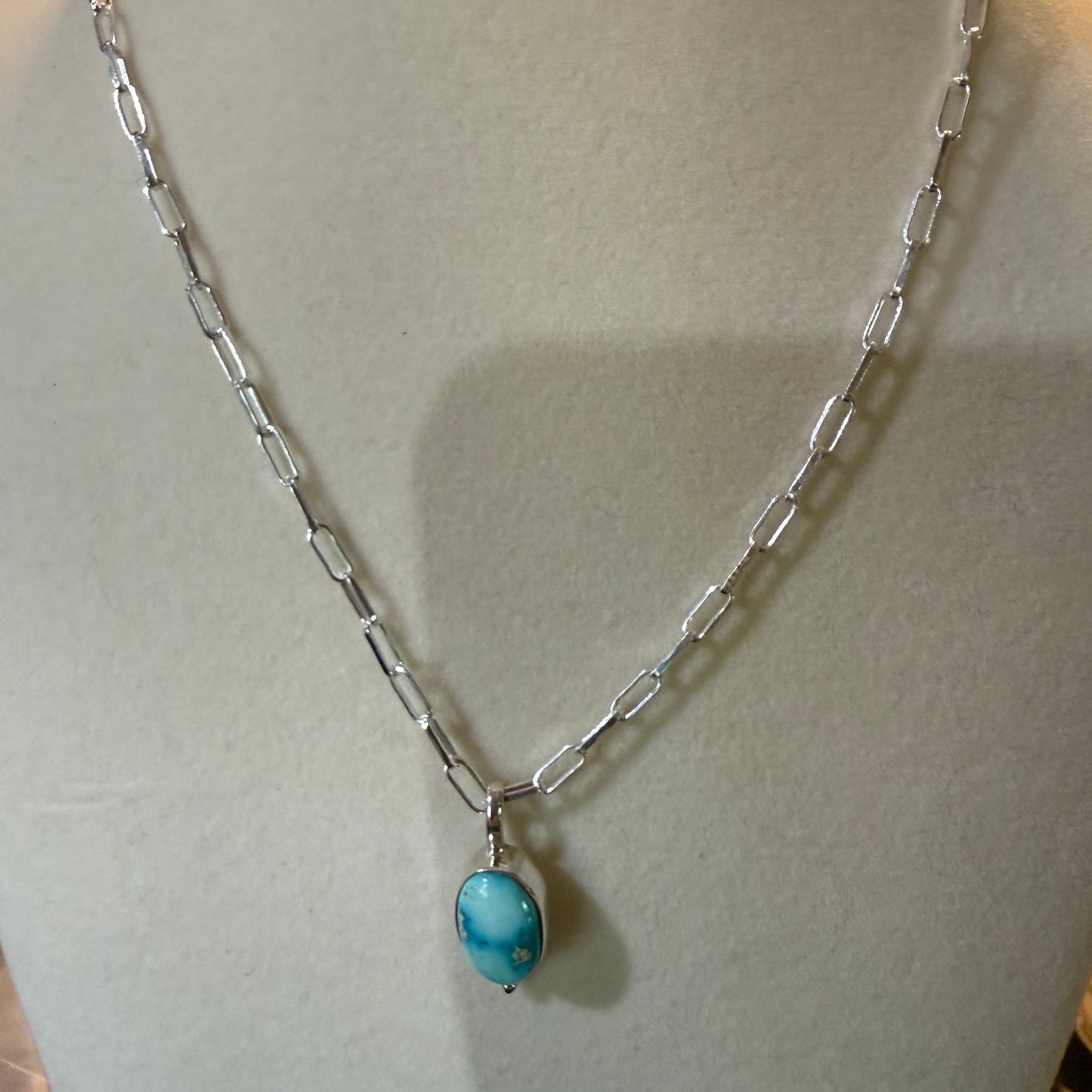 White Water Turquoise Gemstone Necklace 20 Inch Sterling Silver Paper Clip Chain Wild West Boho