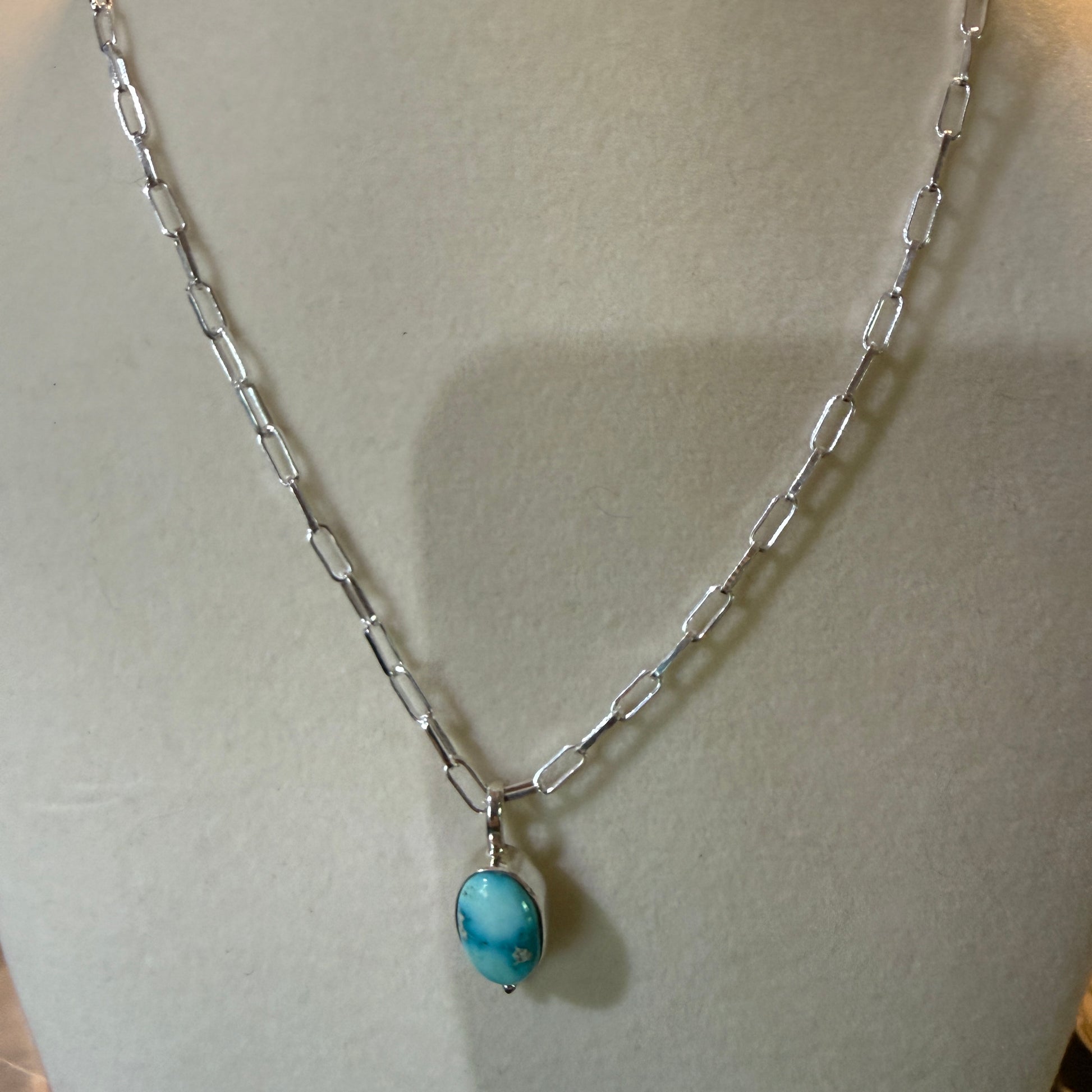 White Water Turquoise Gemstone Necklace 20 Inch Sterling Silver Paper Clip Chain Wild West Boho