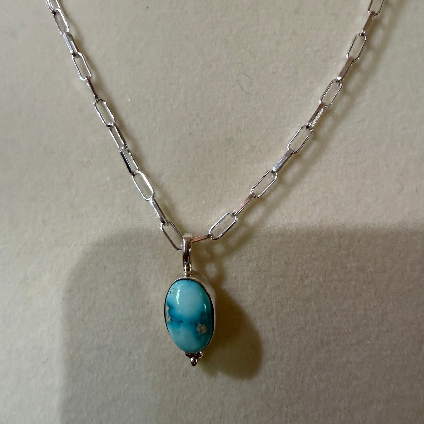 White Water Turquoise Gemstone Necklace 20 Inch Sterling Silver Paper Clip Chain Wild West Boho