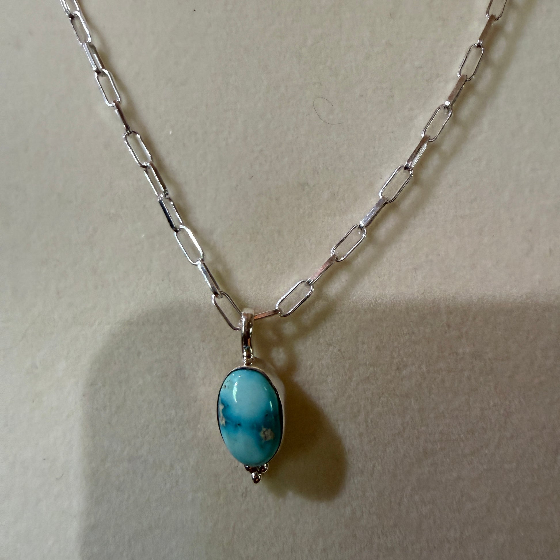 White Water Turquoise Gemstone Necklace 20 Inch Sterling Silver Paper Clip Chain Wild West Boho