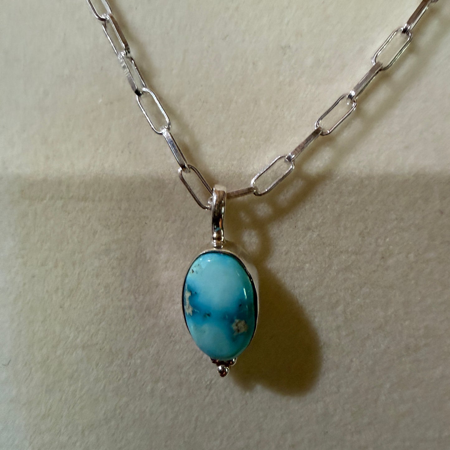 White Water Turquoise Gemstone Necklace 20 Inch Sterling Silver Paper Clip Chain Wild West Boho