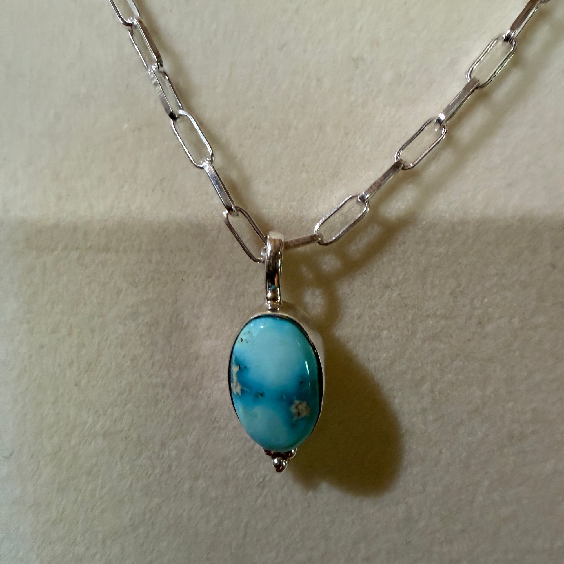 White Water Turquoise Gemstone Necklace 20 Inch Sterling Silver Paper Clip Chain Wild West Boho